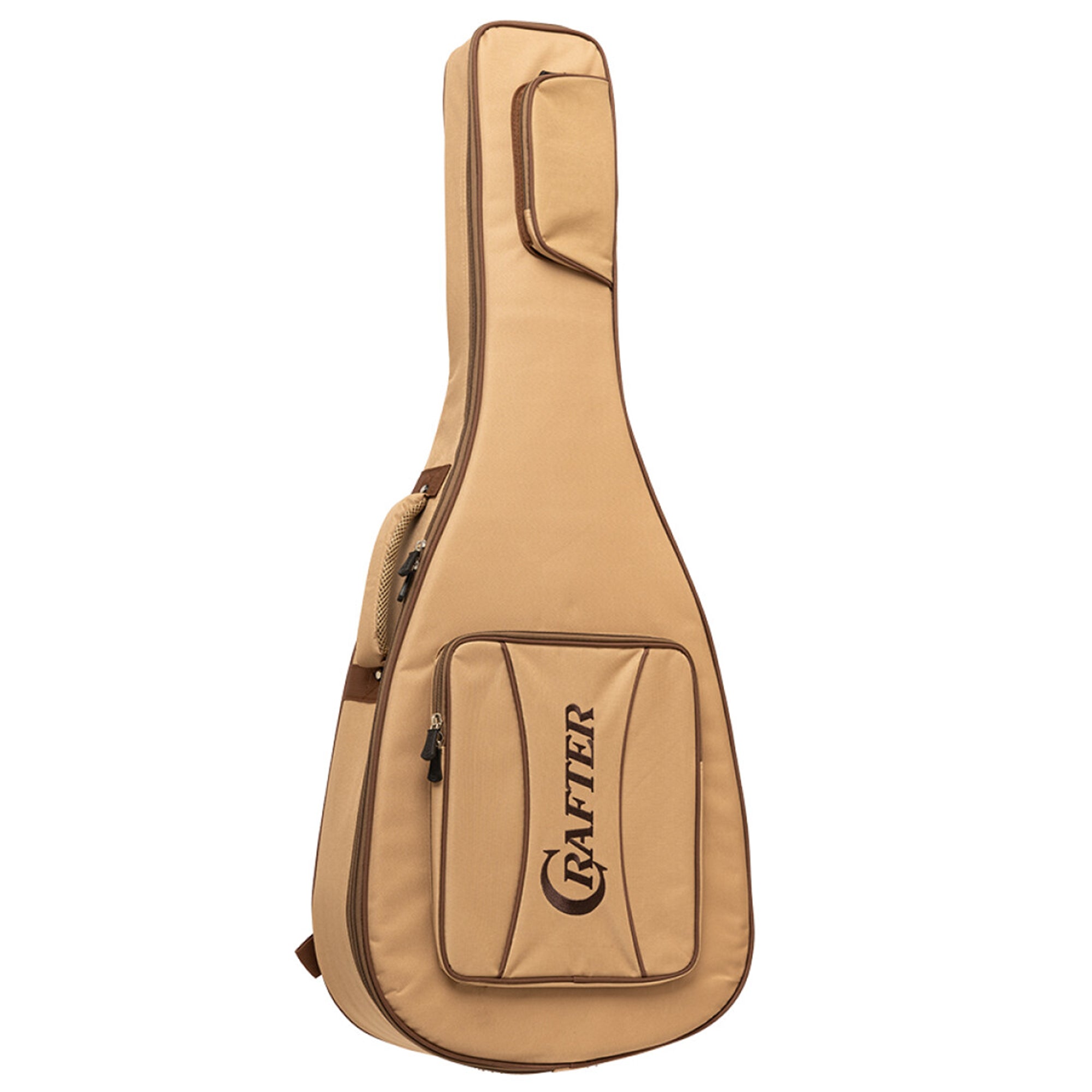 A tan acoustic guitar soft case with dark brown piping and a front pocket featuring the 'Crafter' brand logo, shown against a plain white background.