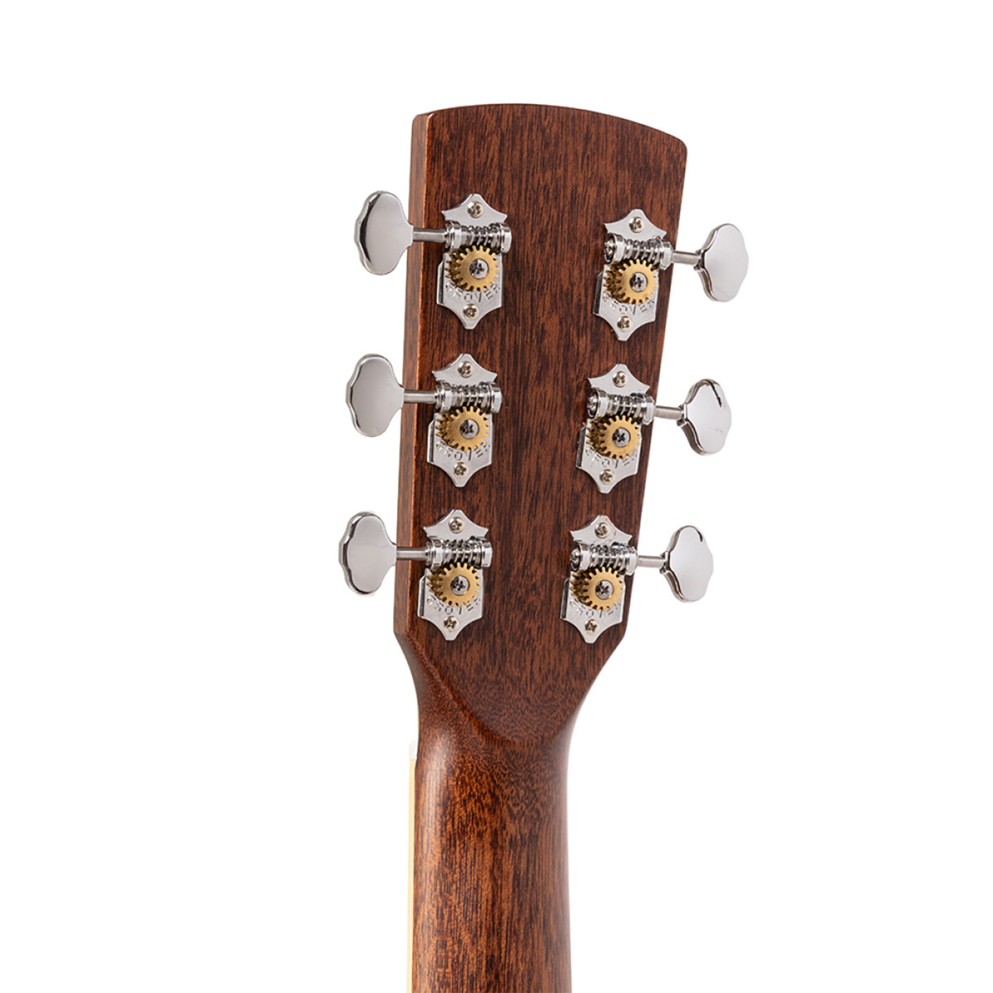 Close-up of a guitar headstock with tuning pegs on a white background