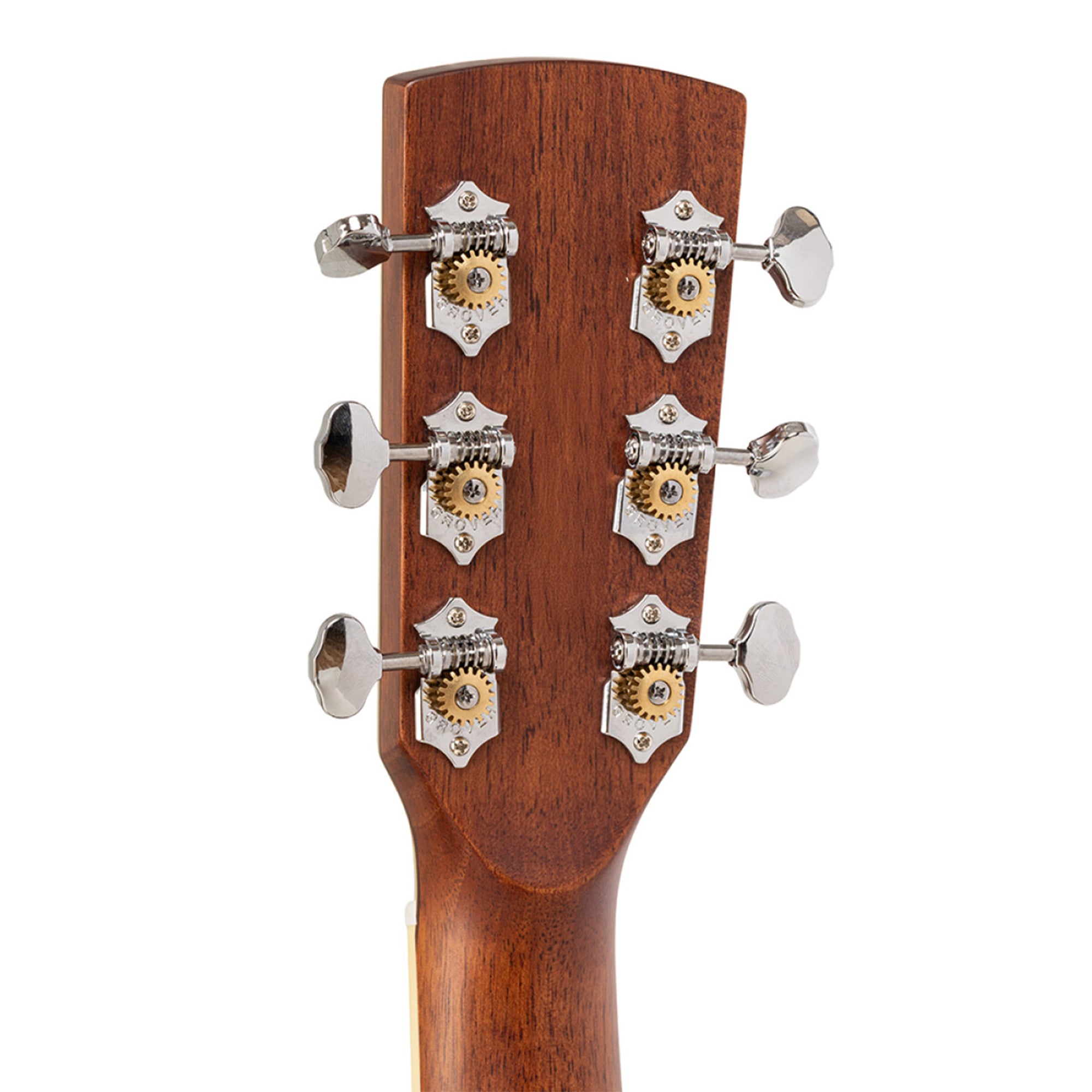 Close-up of a guitar headstock with tuning pegs on a white background