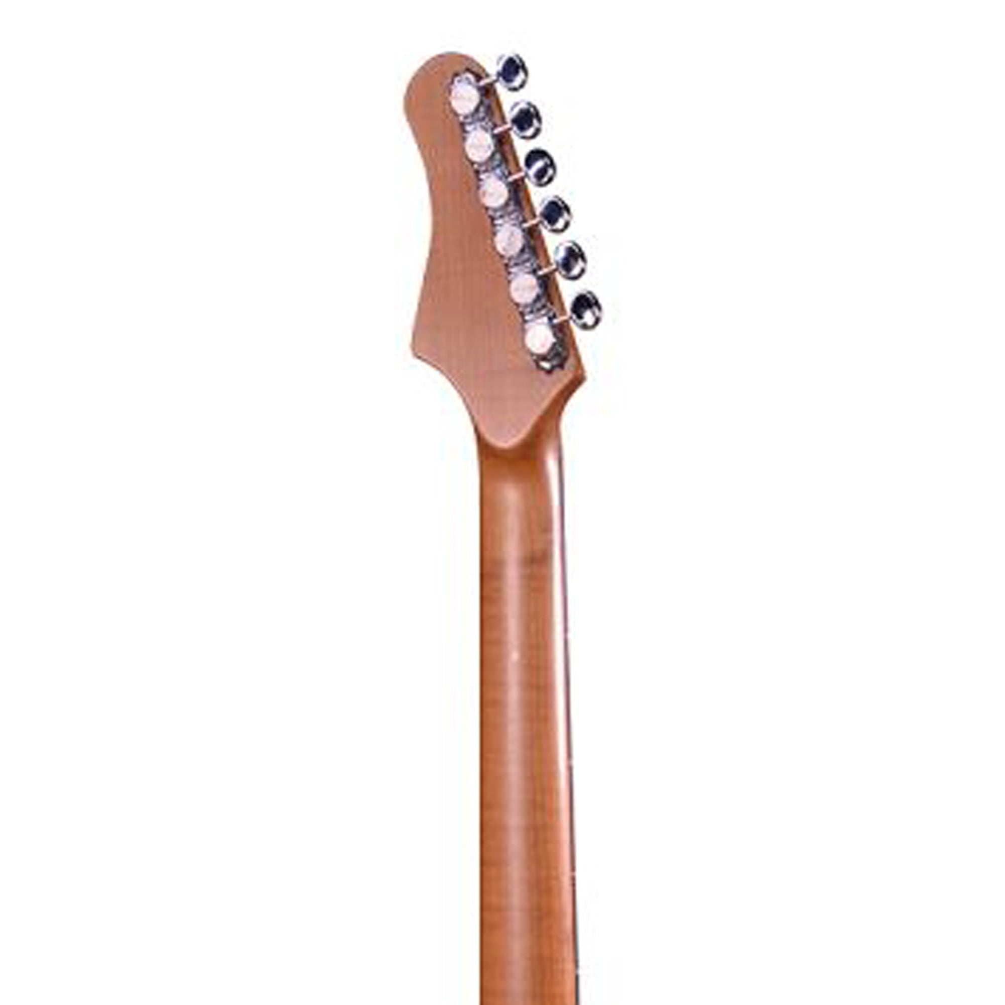 Close-up of a guitar neck with headstock on a white background