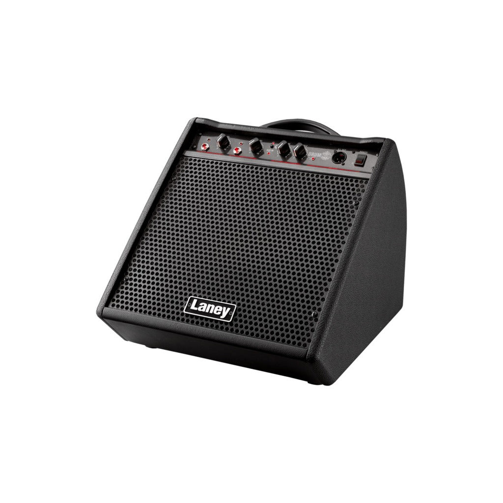 Laney DH40 40W DrumHub compact drum amp front three-quarter view with black grille, angled monitor cabinet, control knobs and carry handle