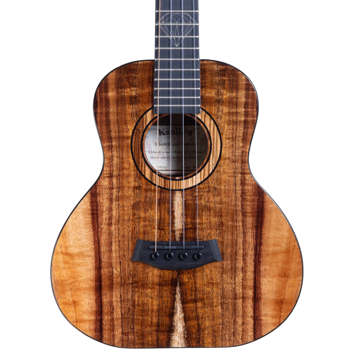 Example photo: an earlier Kanile'a Diamond super tenor, serial 29552, body front with Premium Grade koa and zebrawood rosette