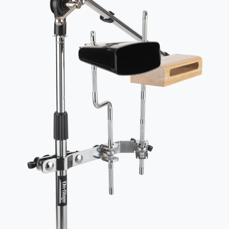 On-Stage DPM2200 on a stand, shown with a cowbell and woodblock mounted on rods
