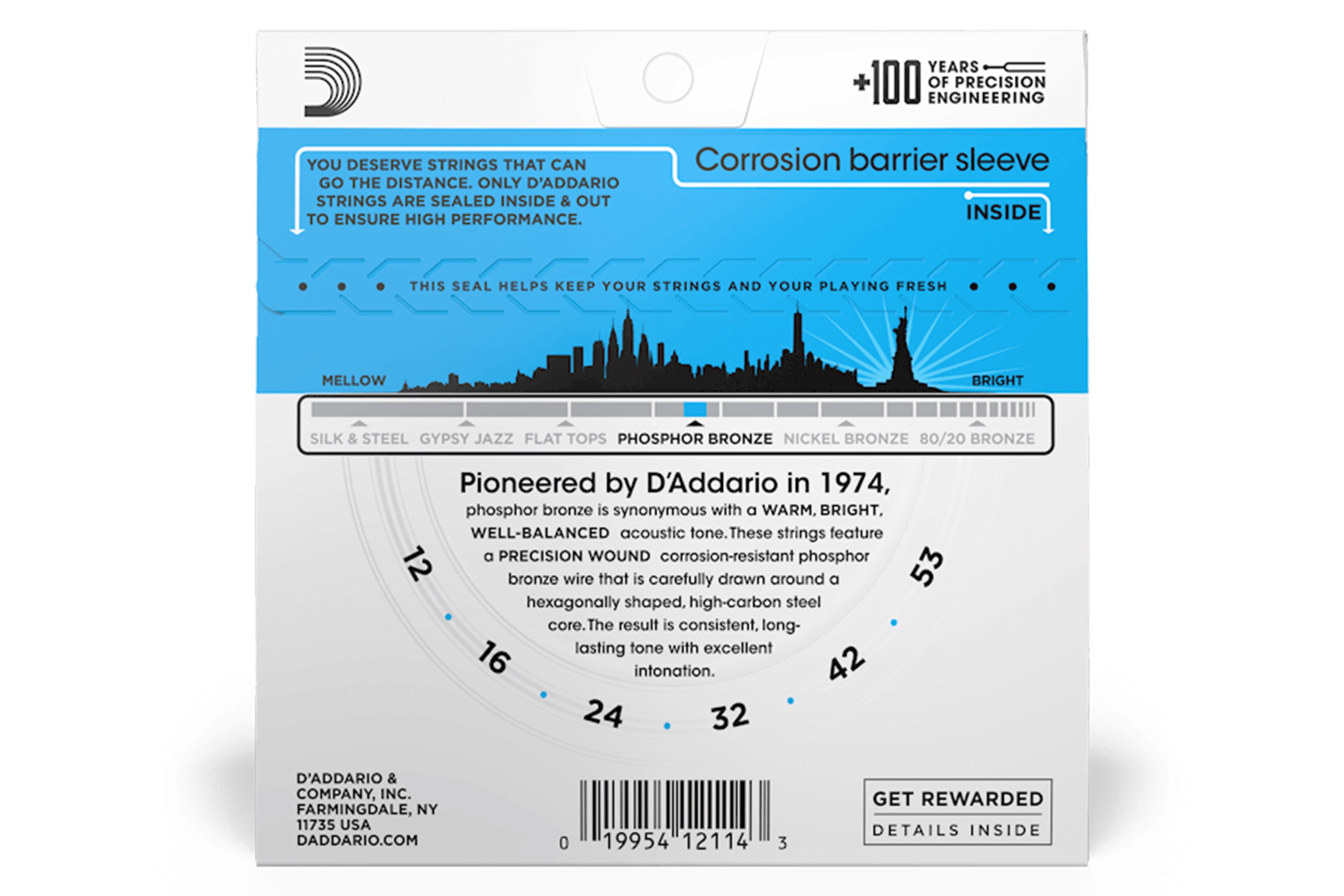 D'Addario EJ16 Phosphor Bronze Acoustic Guitar Strings, Light .12-.53