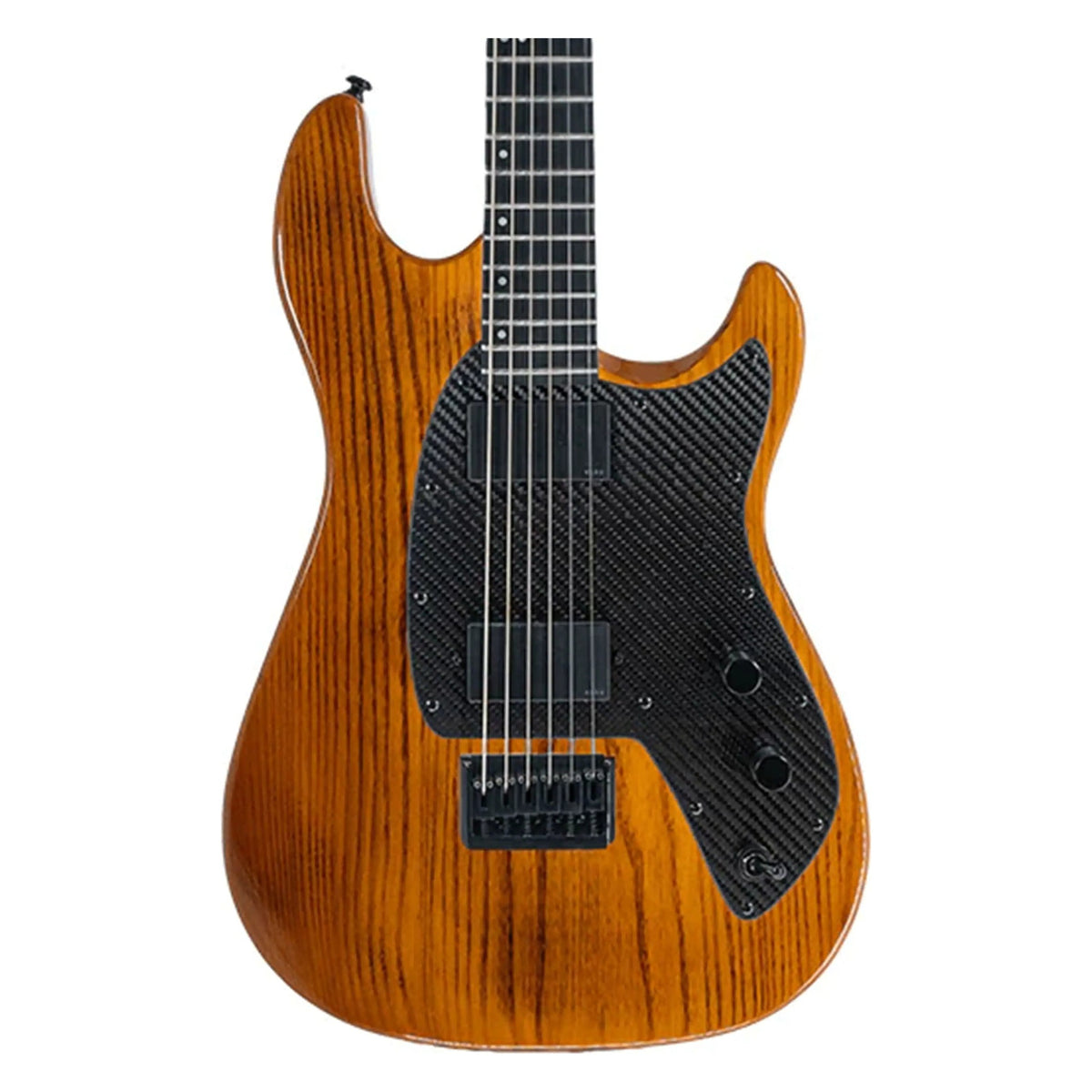 Klōs Baritone electric guitar in Golden Brown, close-up of body front with carbon fiber pickguard