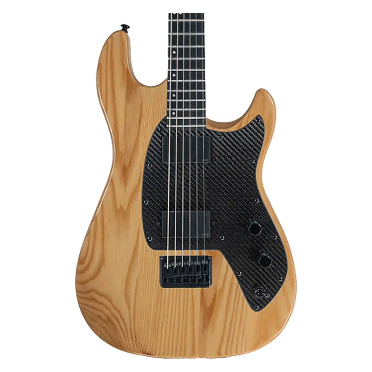 Klōs Baritone electric guitar in Natural, close-up of body front with carbon fiber pickguard