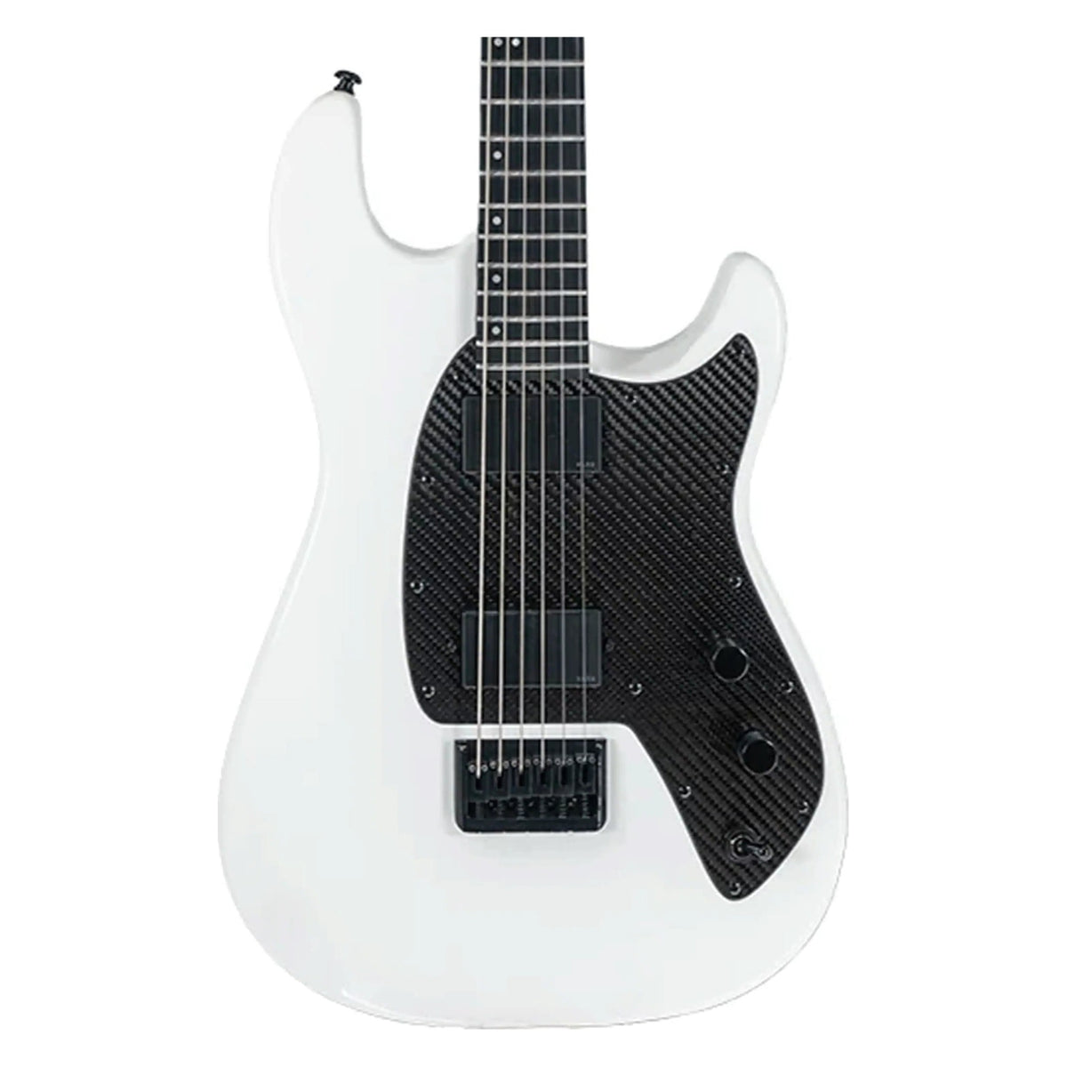 Klōs Baritone electric guitar in White, close-up of body front with carbon fiber pickguard