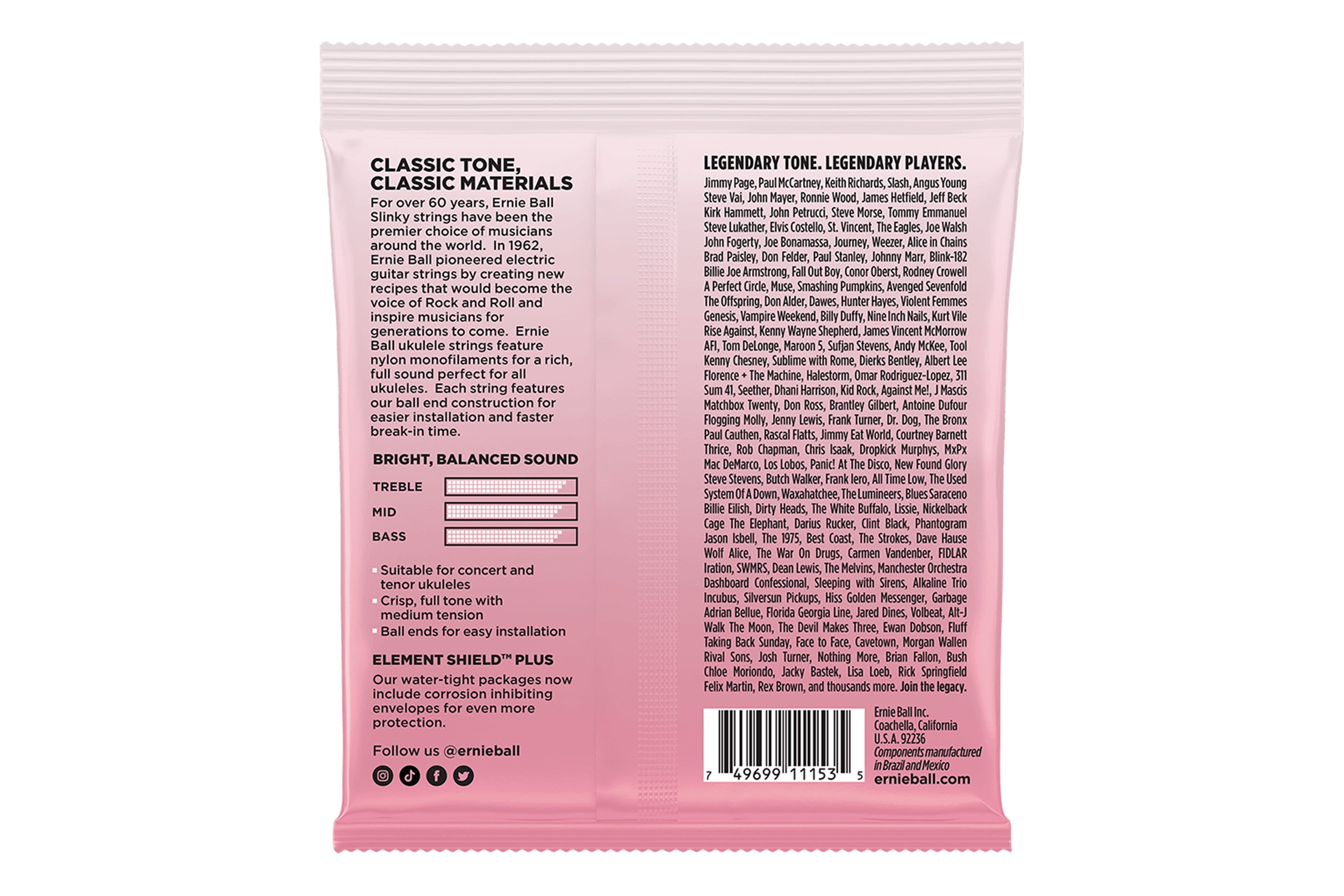 Ernie Ball Tenor and Concert Ukulele Ball End Clear Nylon Strings - WOUND LOW G