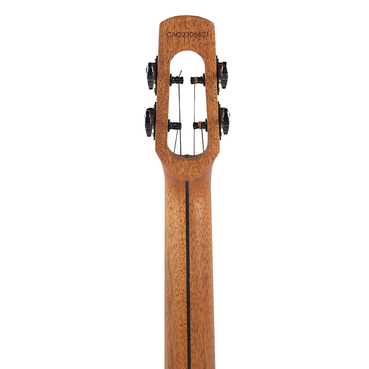 Rear of the Flight Fireball EQ-A slotted headstock and mahogany neck, showing the centre stripe (ukulele #3)