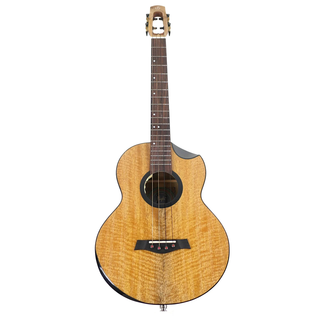 Full front view of the Flight Fireball EQ-A solid mango baritone ukulele, showing the cutaway body and slotted headstock (ukulele #1)