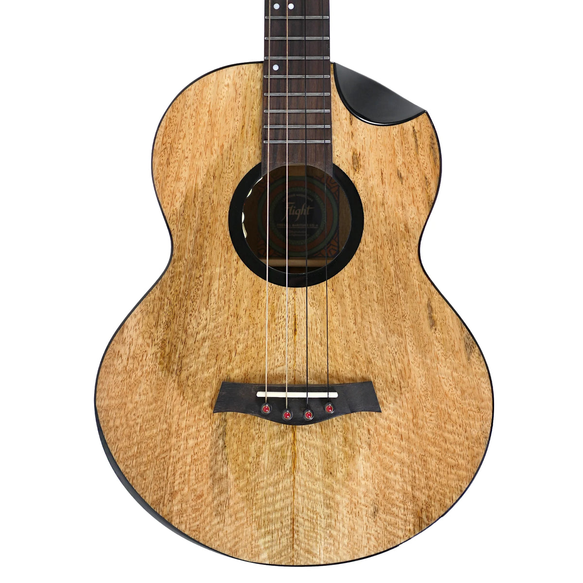 Flight Fireball EQ-A baritone ukulele, close front view of the solid mango top, cutaway and rosewood bridge with red pins (ukulele #5)