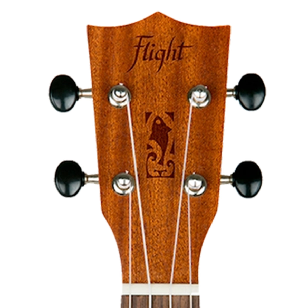 Close-up of a wooden ukulele headstock with four black tuning keys, white strings, and the brand name 'Flight' engraved at the top, shown on a plain white background.