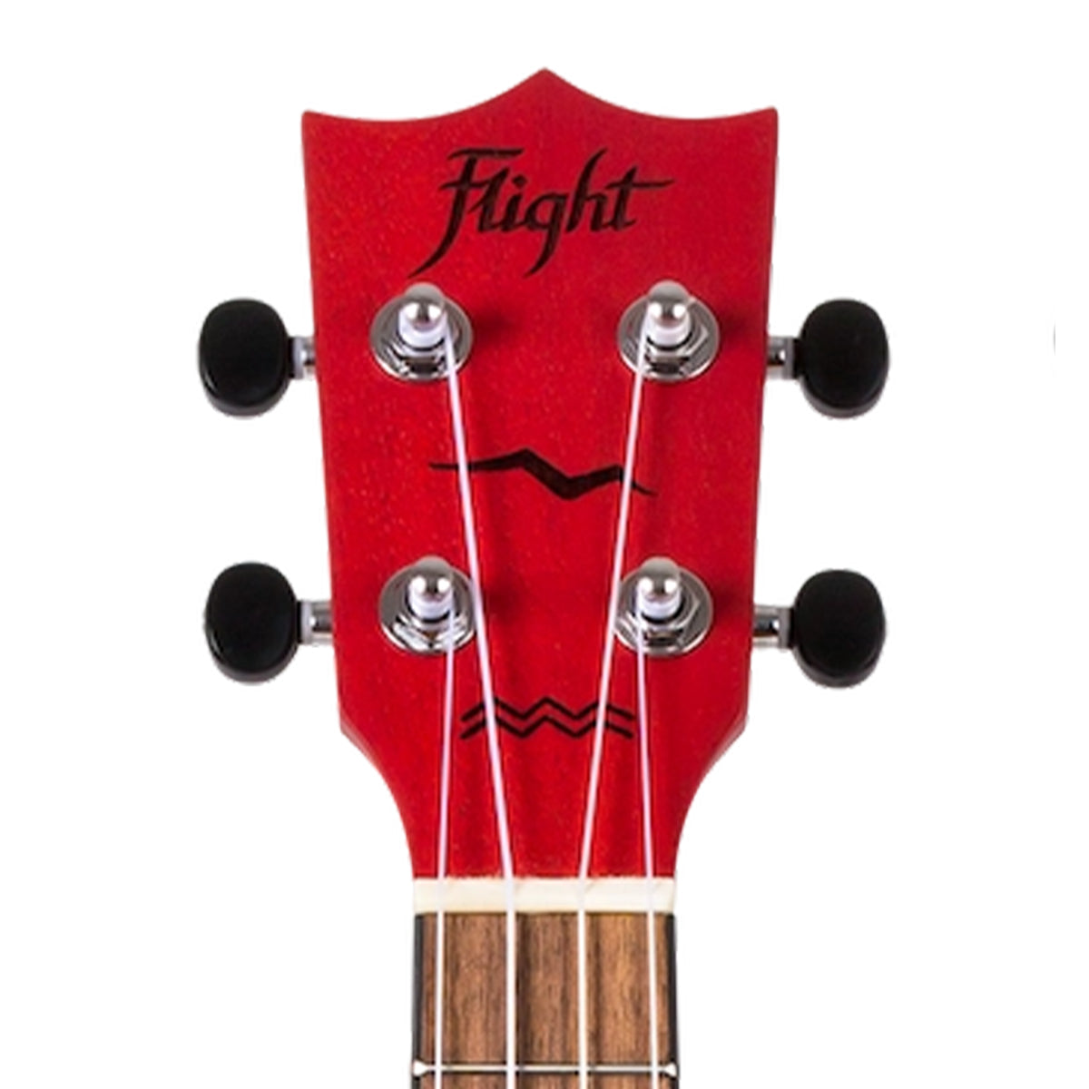 Close-up of a red ukulele headstock with four black tuning keys and silver tuning pegs, featuring the brand name 'Flight' in black script on a white background.