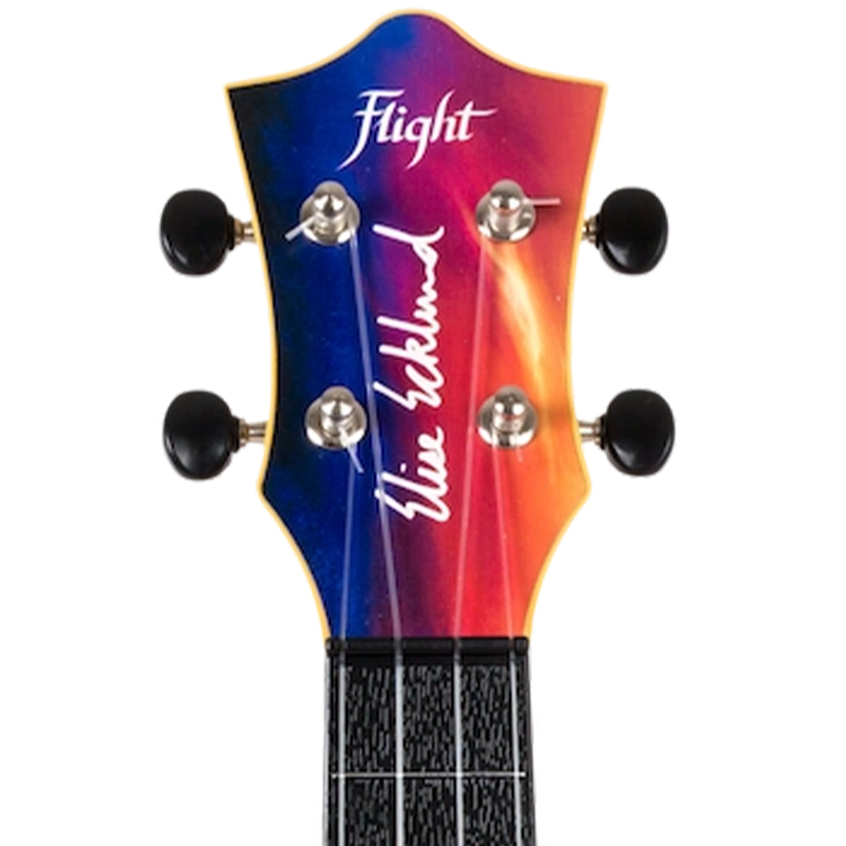 Close-up of a ukulele headstock with a colorful gradient design transitioning from blue to purple to orange. The headstock features the brand name 'Flight' in white script at the top, a signature