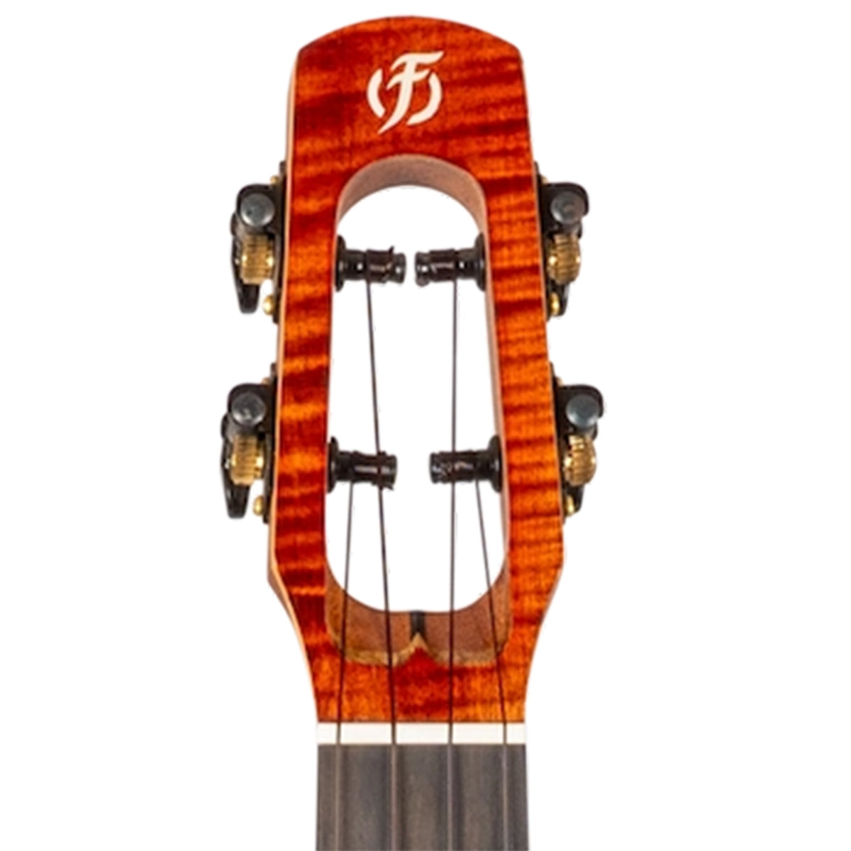 Close-up of a ukulele headstock with a vibrant orange and brown flamed maple finish, four tuning pegs, and a dark fretboard on a white background.