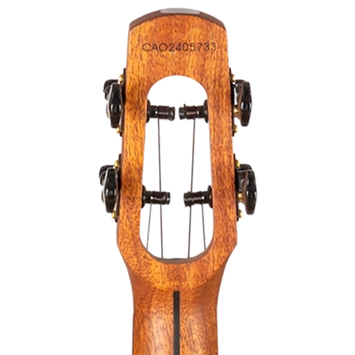 Close-up of the headstock of a wooden stringed instrument, likely a ukulele, showing the four tuning pegs, four strings, and the model number CAO2405733 printed on the front.