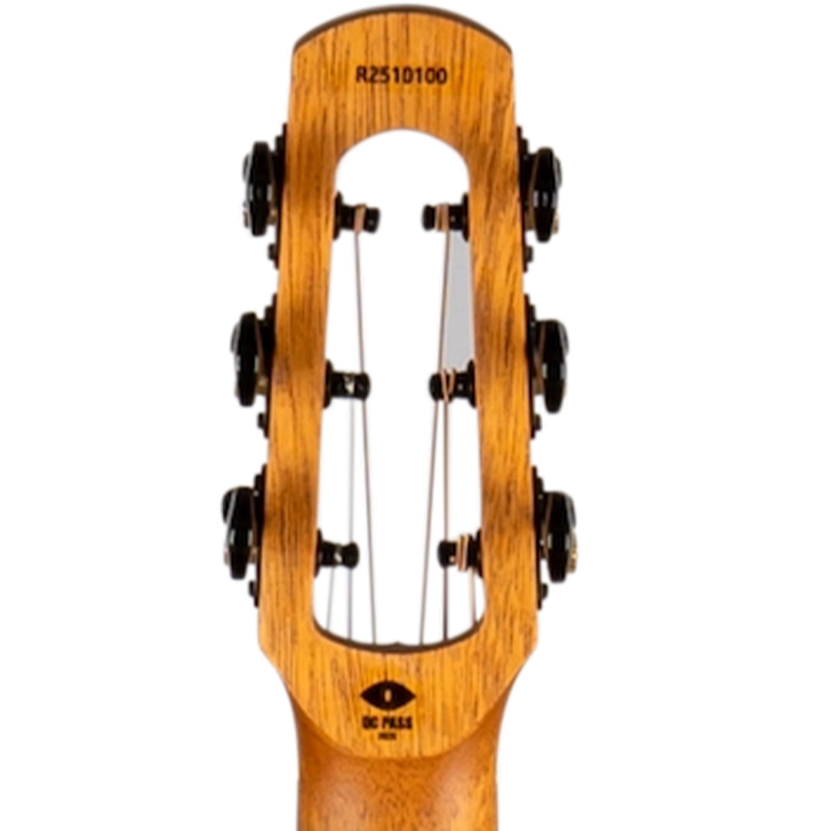 Close-up of the headstock,showing the six tuning pegs, strings, and the model number R2510100 printed on the top, with the IBC Press logo near the base of the headstock.