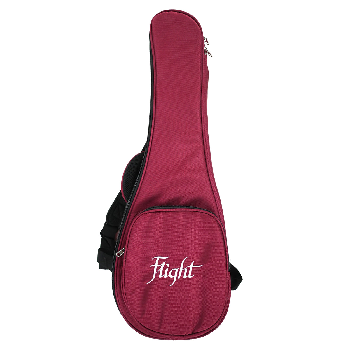 The Flight Aviator Galaxy TPP Tenor Ukulele includes a red Flight Deluxe Gig Bag with a front zippered pocket and carrying straps.
