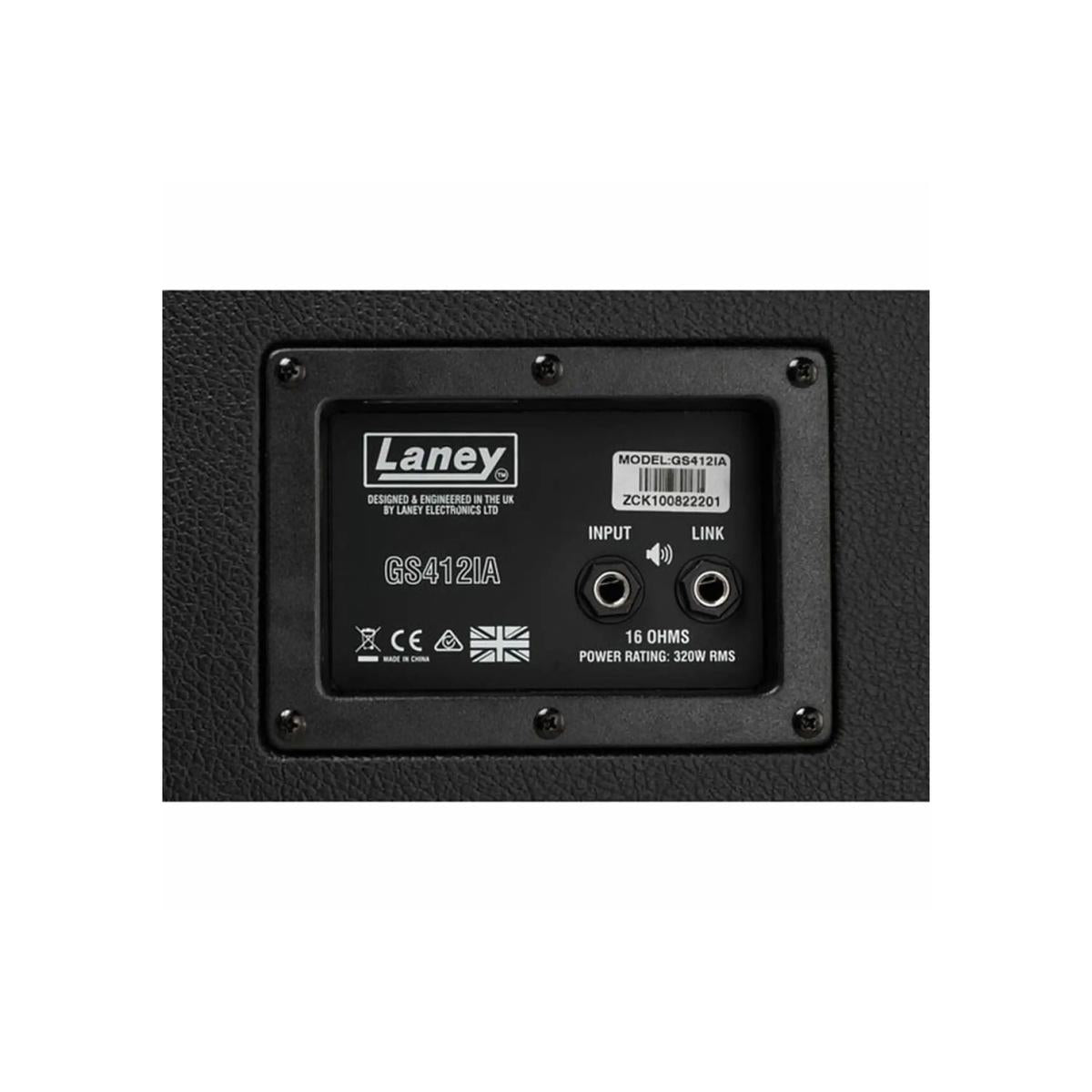 Close-up of the Laney GS412IA rear panel with input and link jacks, 16 ohm and 320W RMS rating label
