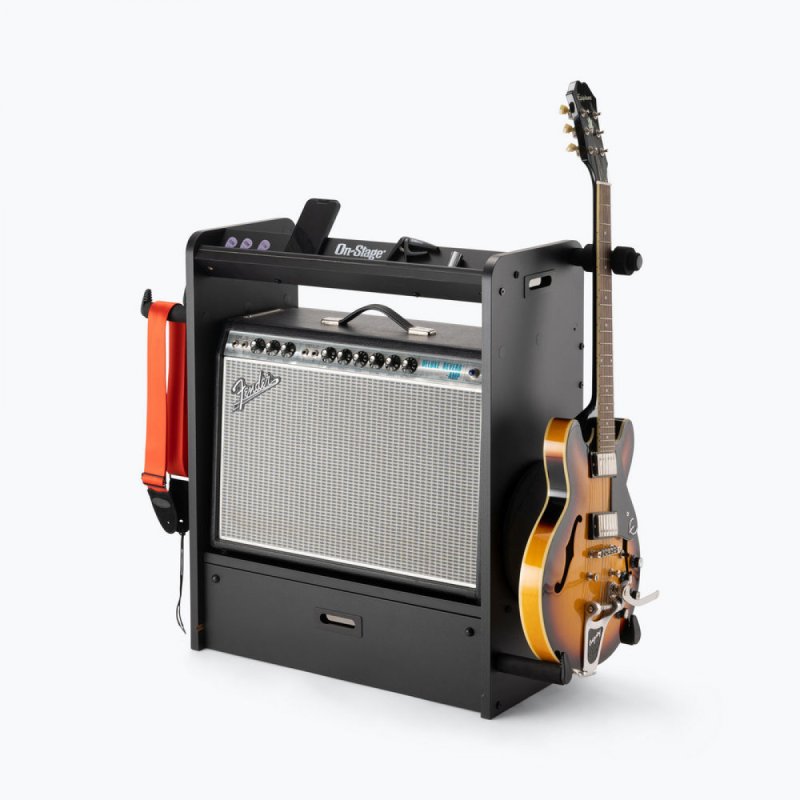 On-Stage GWS5000B with amp and guitar, pedalboard closed