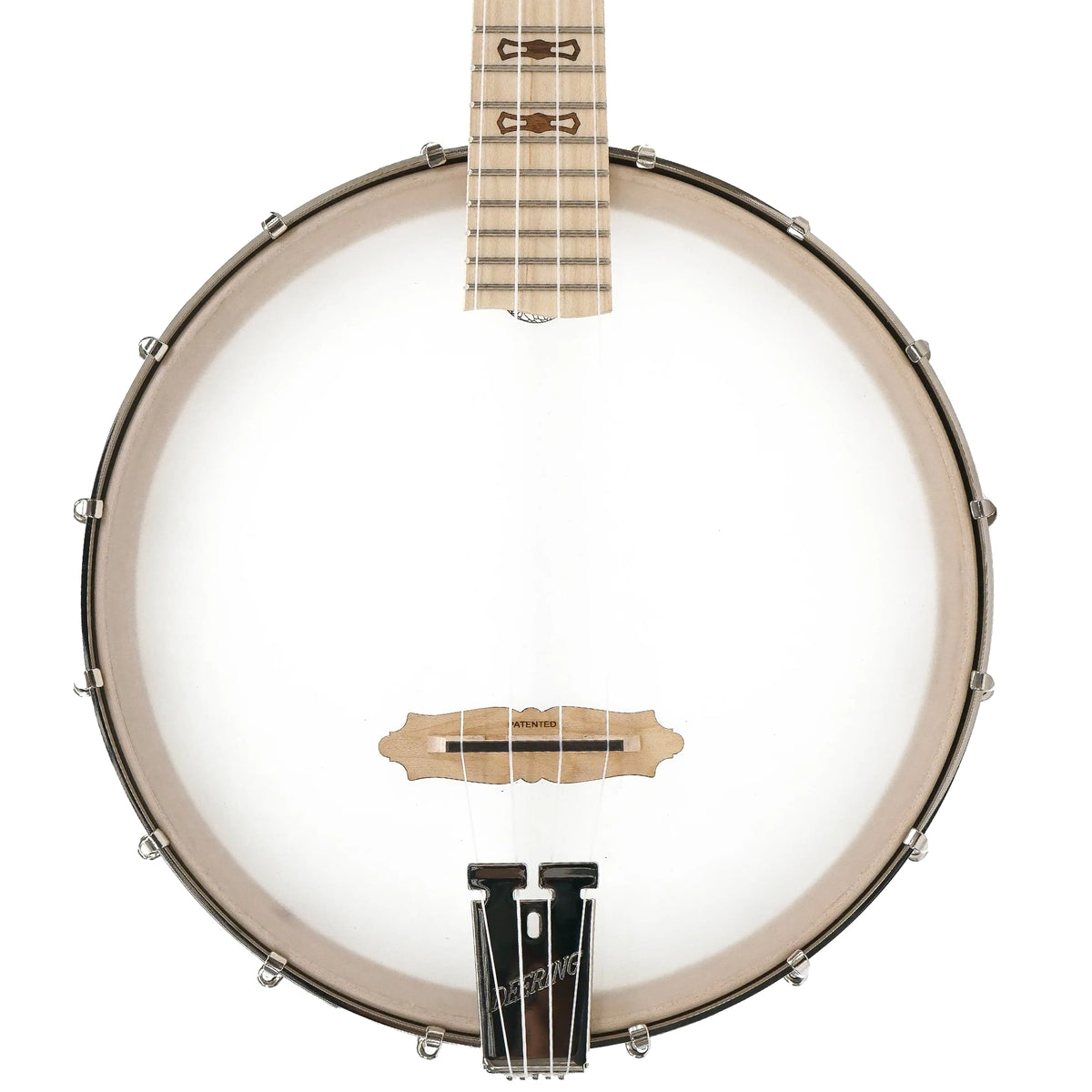 A close-up top-down view of a Deering Goodtime Concert Banjolele with a white headstock, light wood neck, and silver metal tuning pegs against a white background.