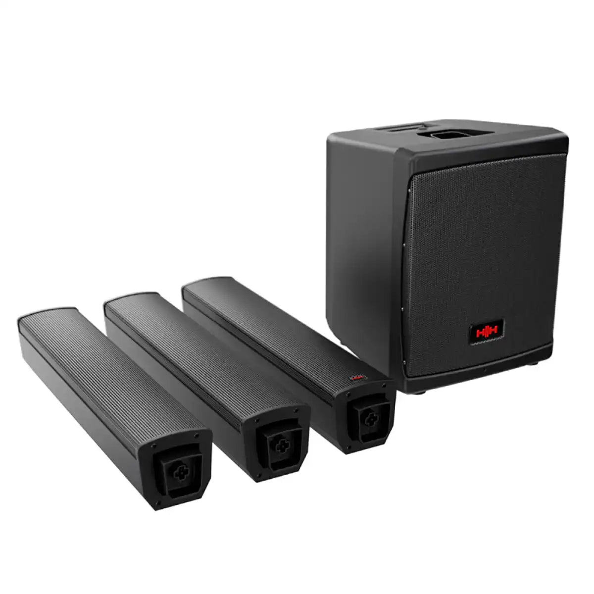 HH Electronics Tensor-Solo broken down into its three column sections and the subwoofer base for transport