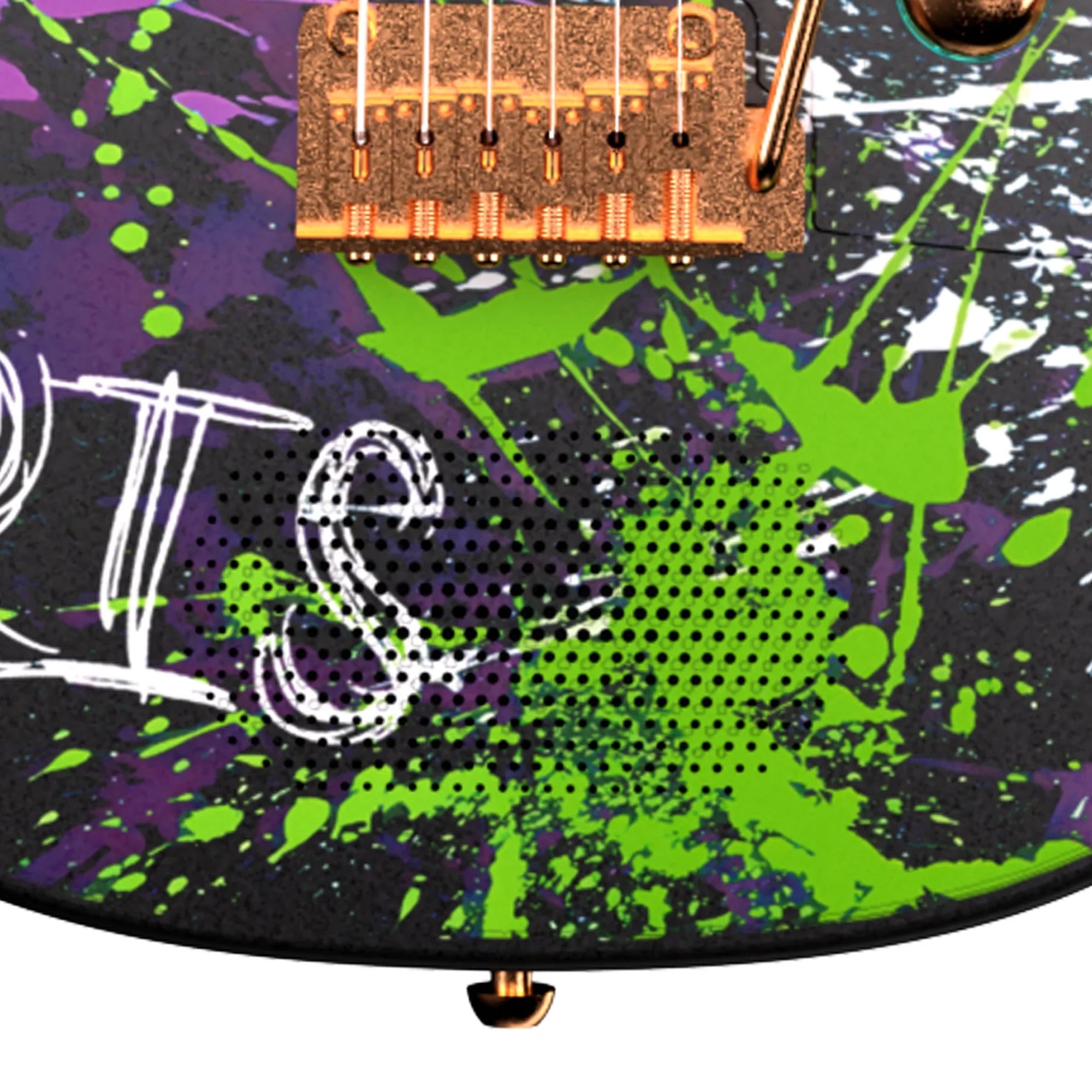 Close-up of a guitar with colorful splatter design and 'STS' branding.