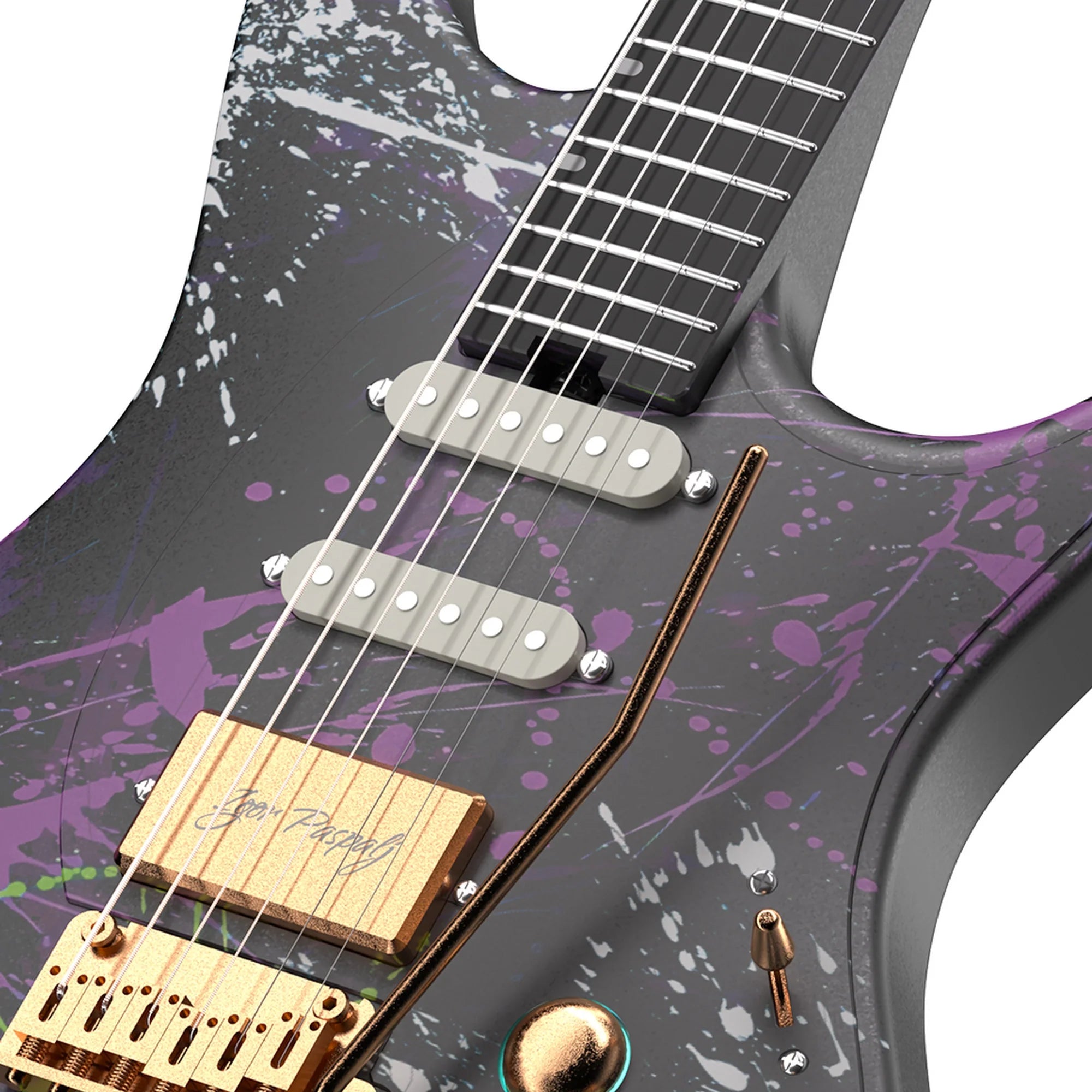Close-up of a guitar with a black and purple splatter design, focusing on the neck and body.