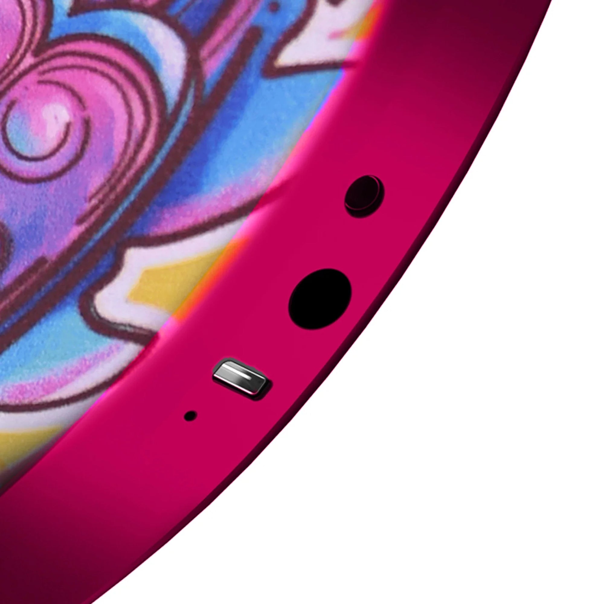 Close-up of a pink electric guitar with a colorful design in the background