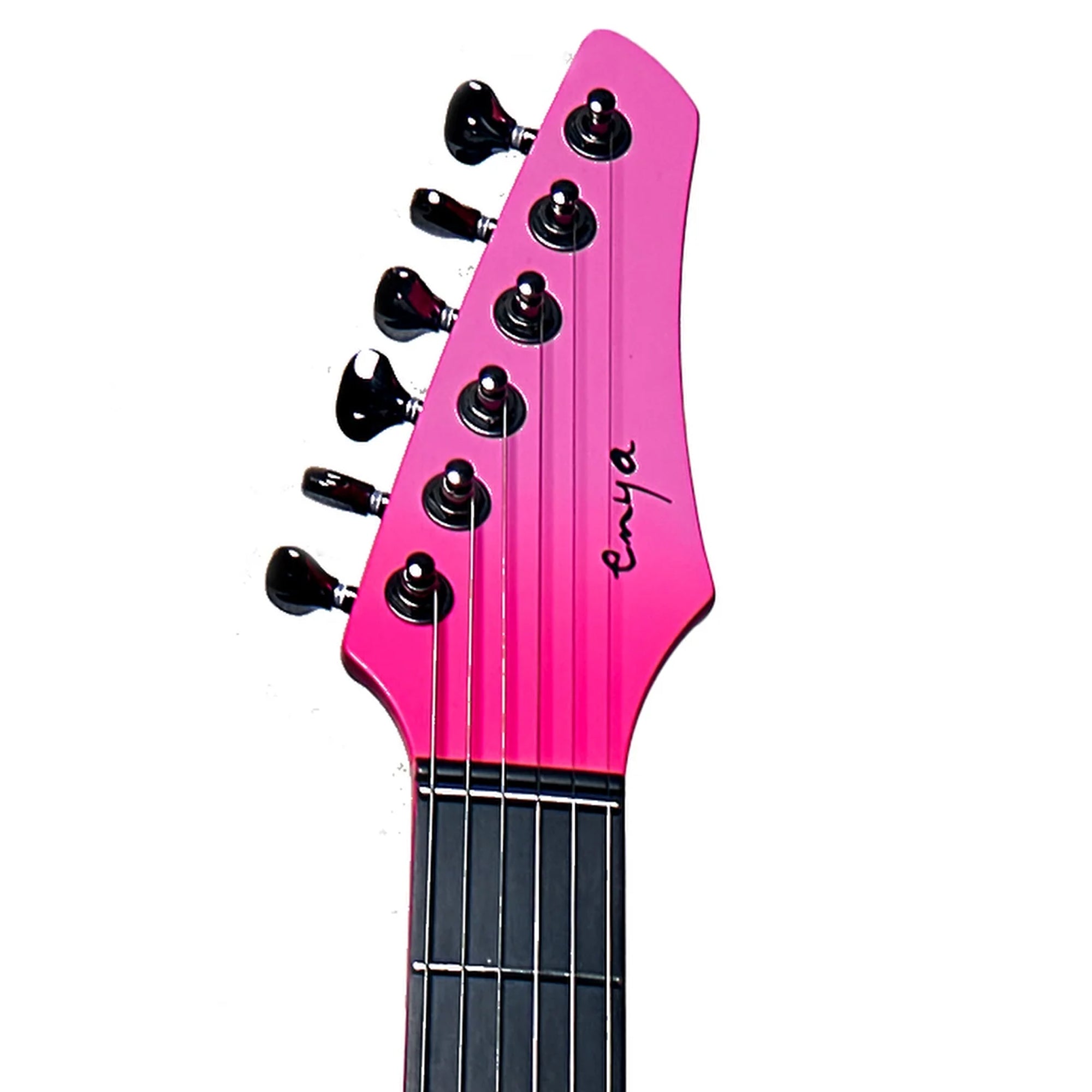 Close-up of a pink Enya guitar headstock on a white background
