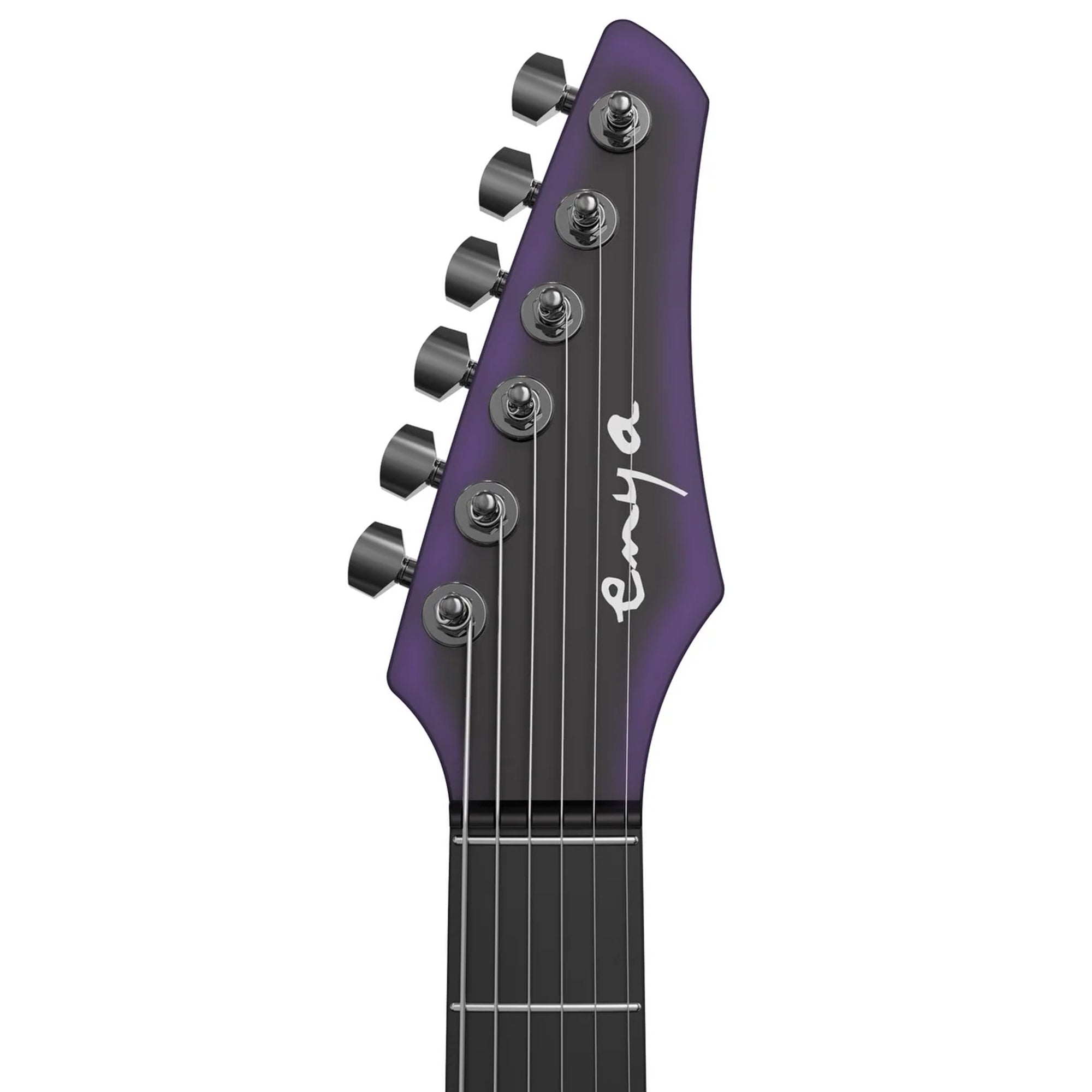 Purple Enya electric guitar headstock on a white background