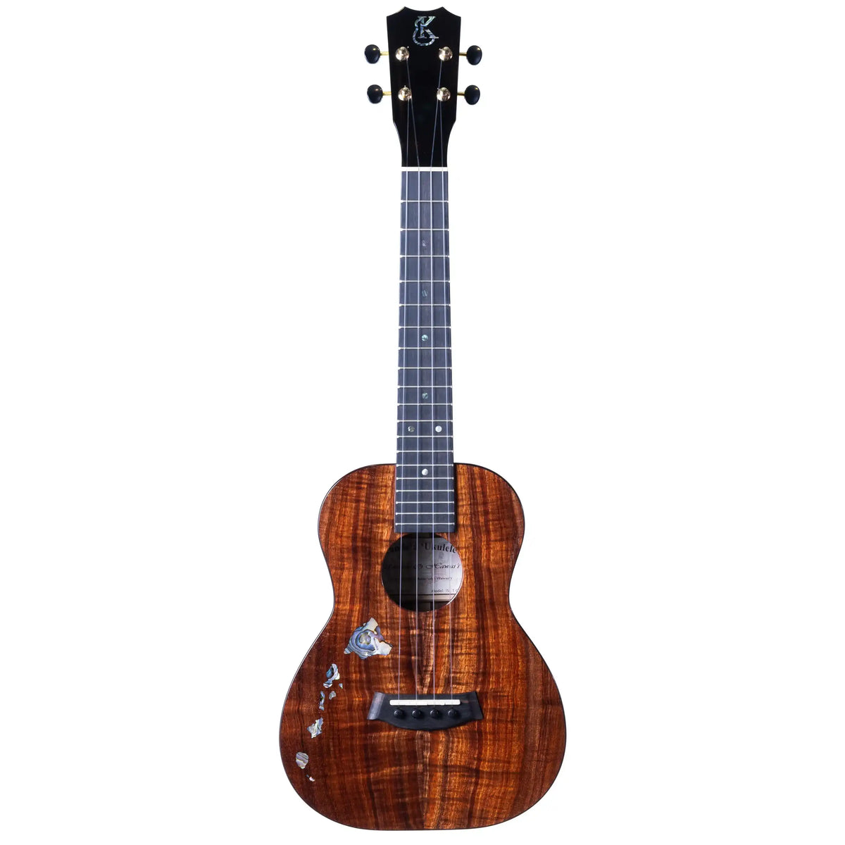 Example photo: an earlier Kanile'a ISL Core tenor, serial 28978, full front view with Paua abalone island inlay and Crown headstock