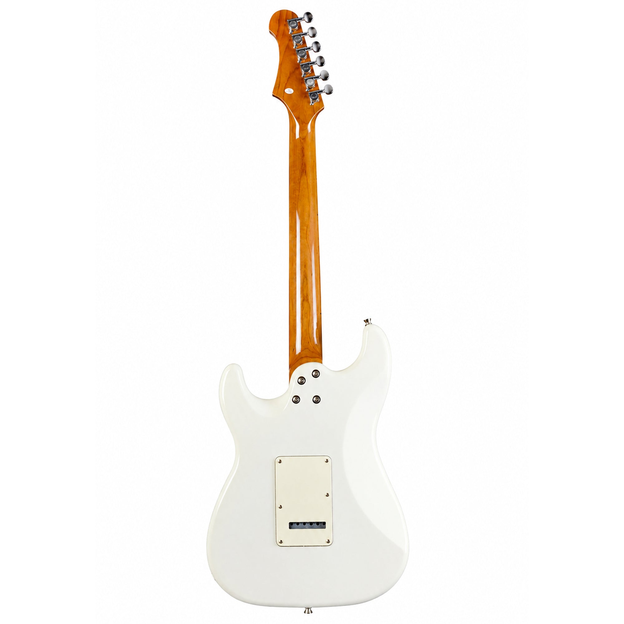 A Jet JS-400 Stratocaster Electric Guitar shown from the back, featuring a glossy white body, a natural wood neck, and a white pickguard, isolated on a white background.
