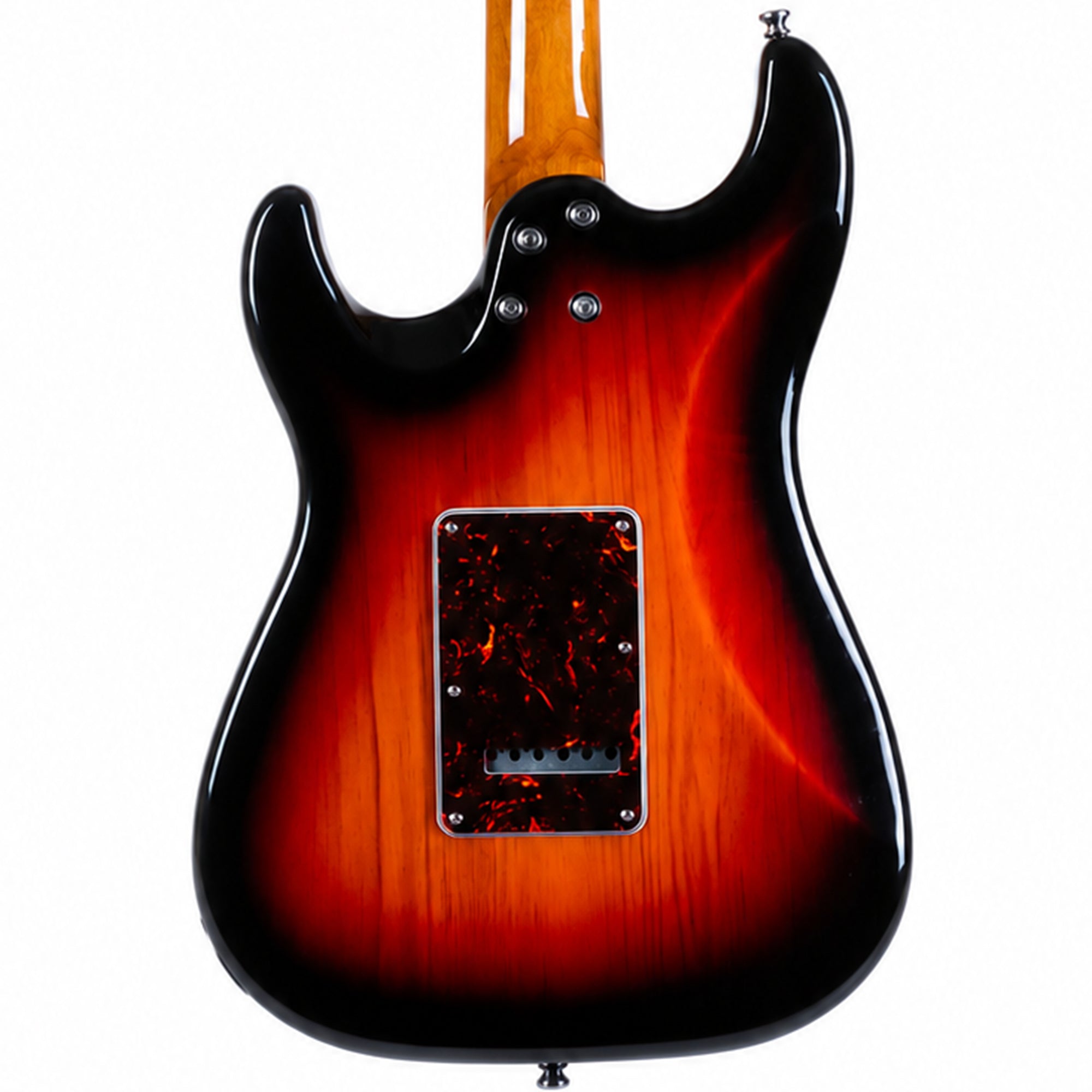 The back of a Jet JS-400 Stratocaster Electric Guitar with a glossy sunburst finish, transitioning from black to amber and orange, featuring a tortoiseshell pickguard and a maple neck visible at the top.