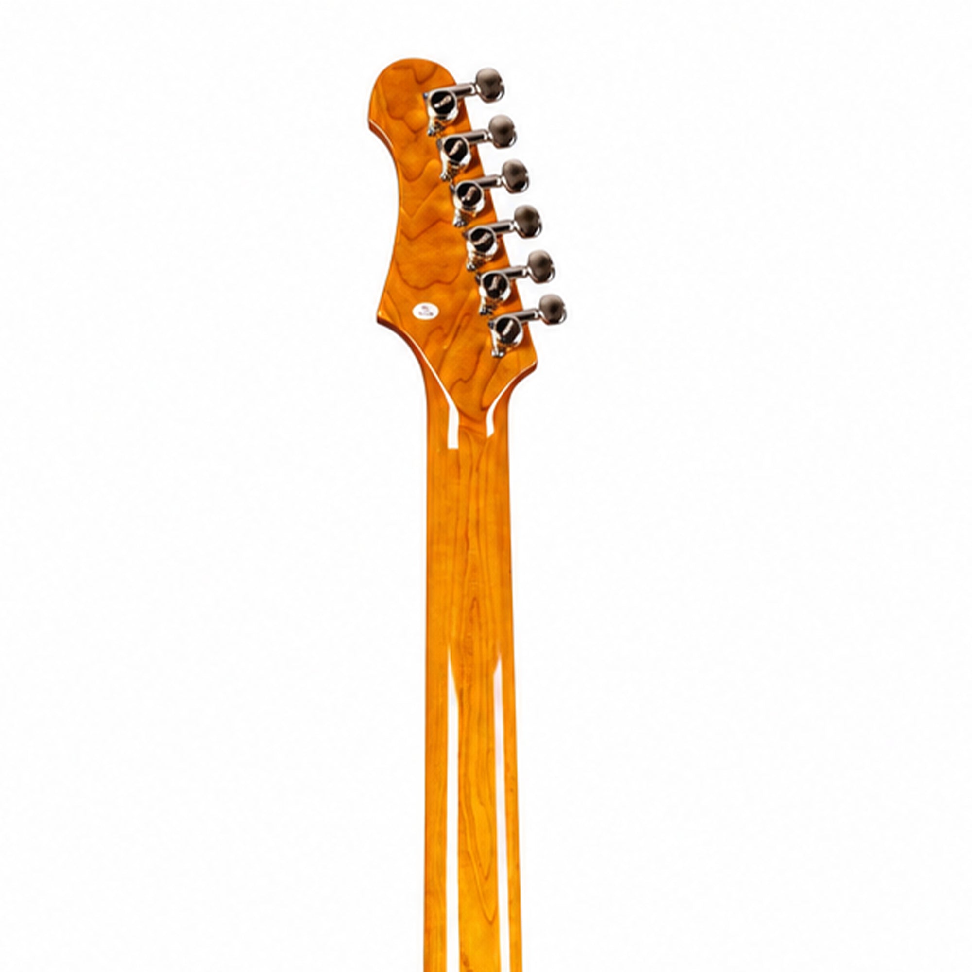 Close-up rear view of an electric guitar headstock and neck, showing a glossy orange maple wood finish and six silver tuning pegs against a white background.
