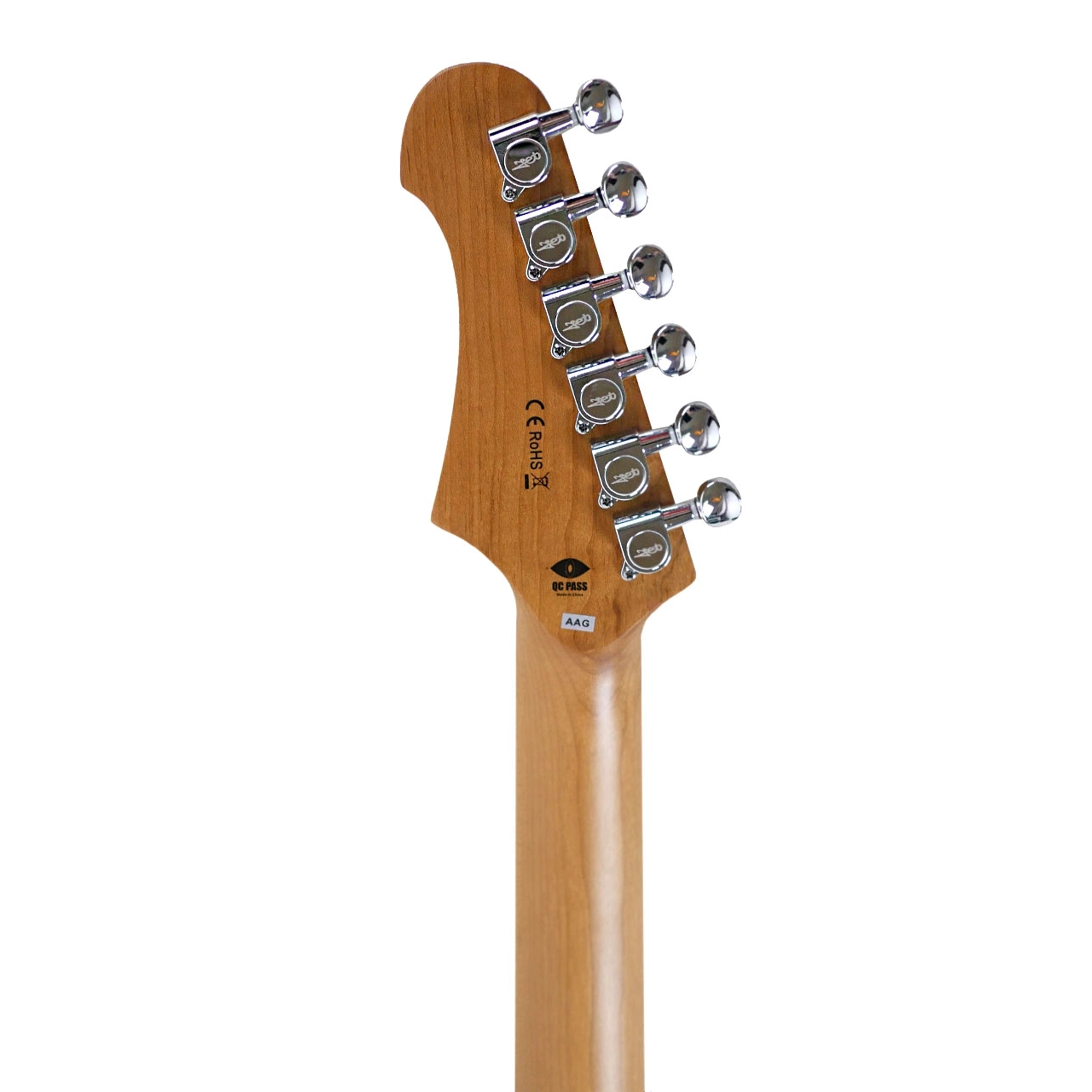 The rear headstock view highlights the Canadian roasted maple neck and six chrome tuners.