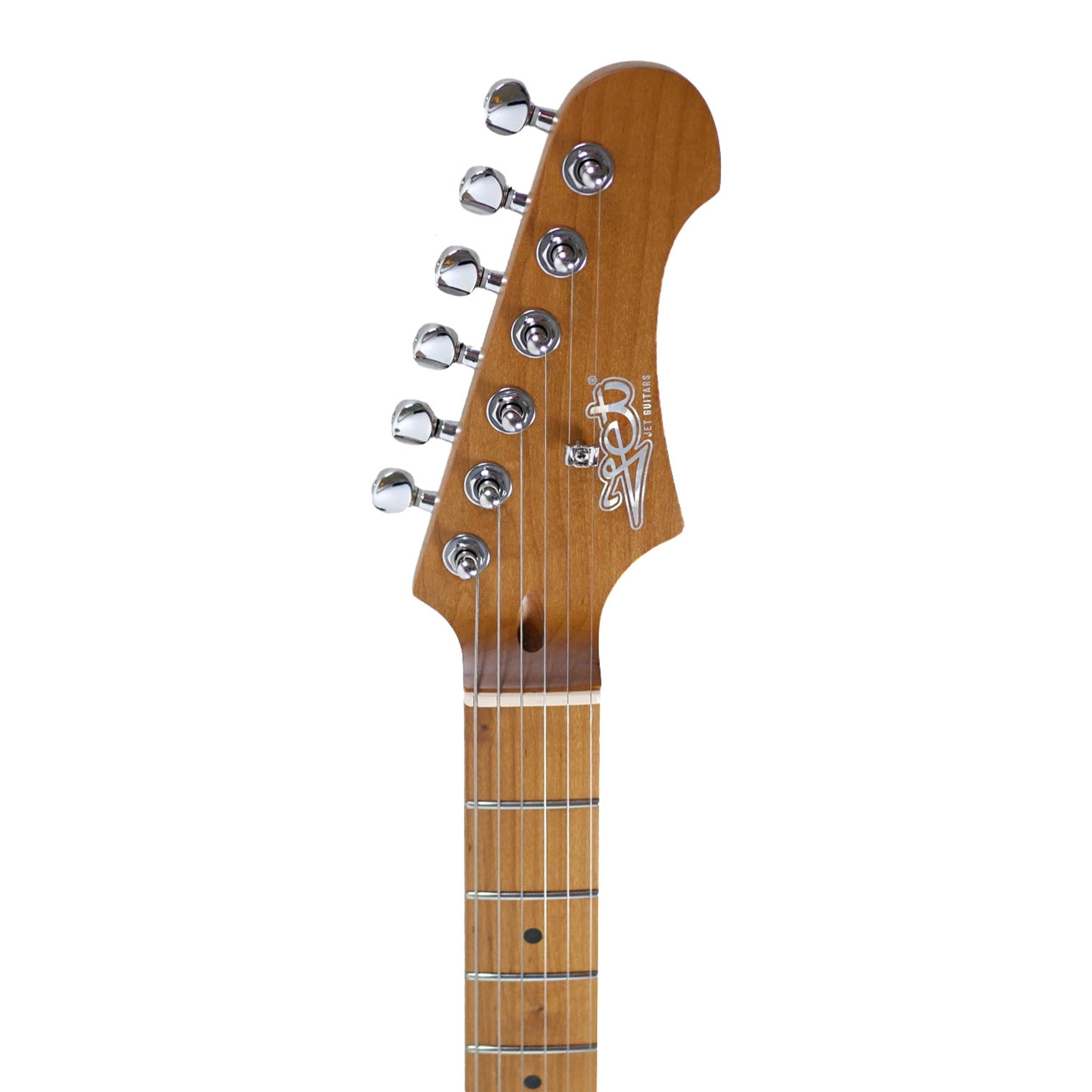 The front headstock view shows the JET logo, chrome tuners, polymer fibre nut, and roasted maple fretboard.