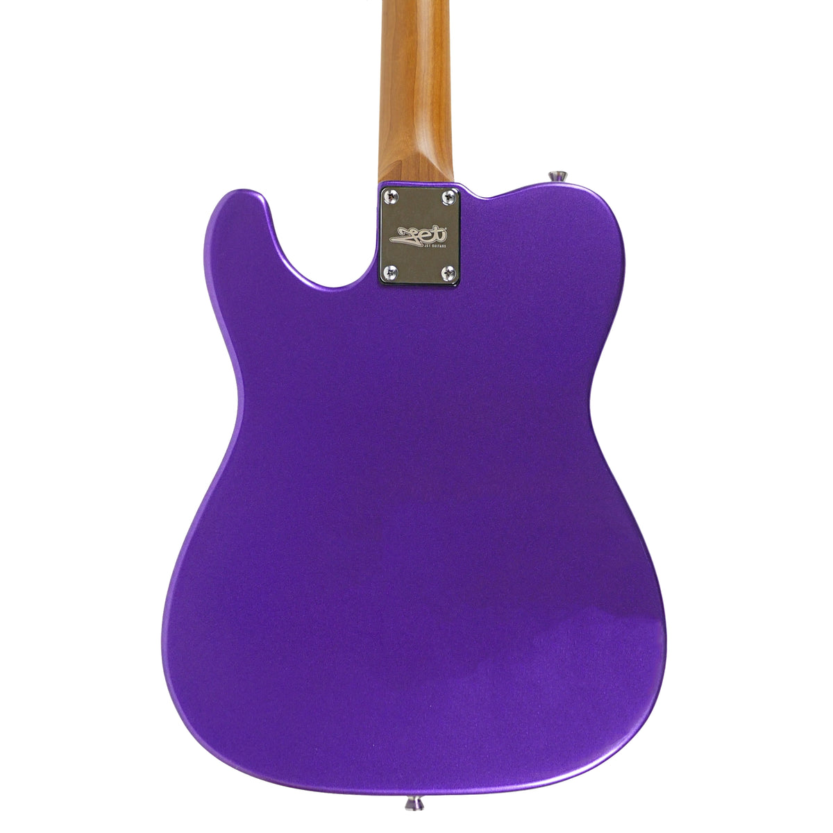 Jet JT-300 PLM R plum metallic body, rear view with roasted maple neck and bolt-on neck plate
