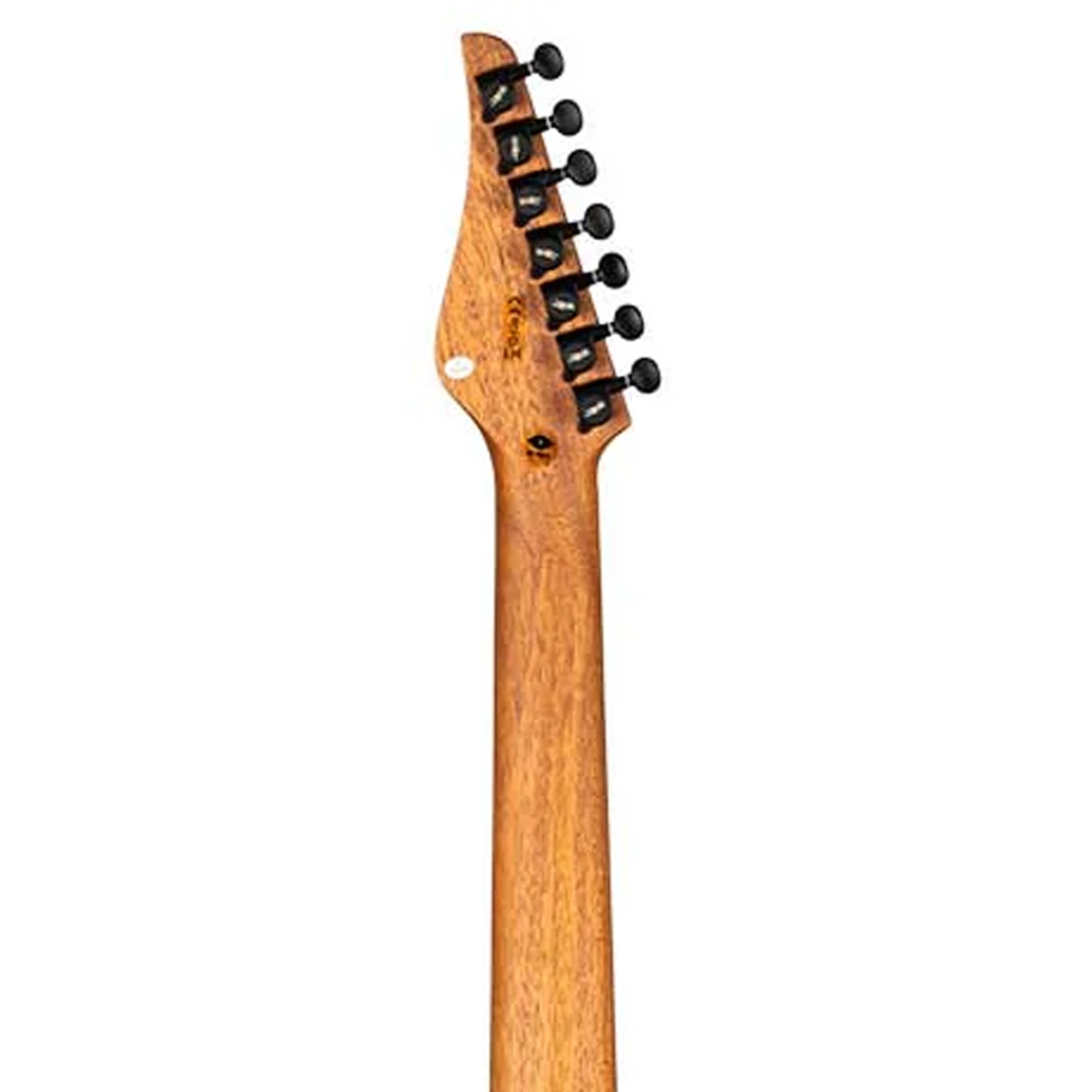 Guitar headstock with tuning pegs on a white background