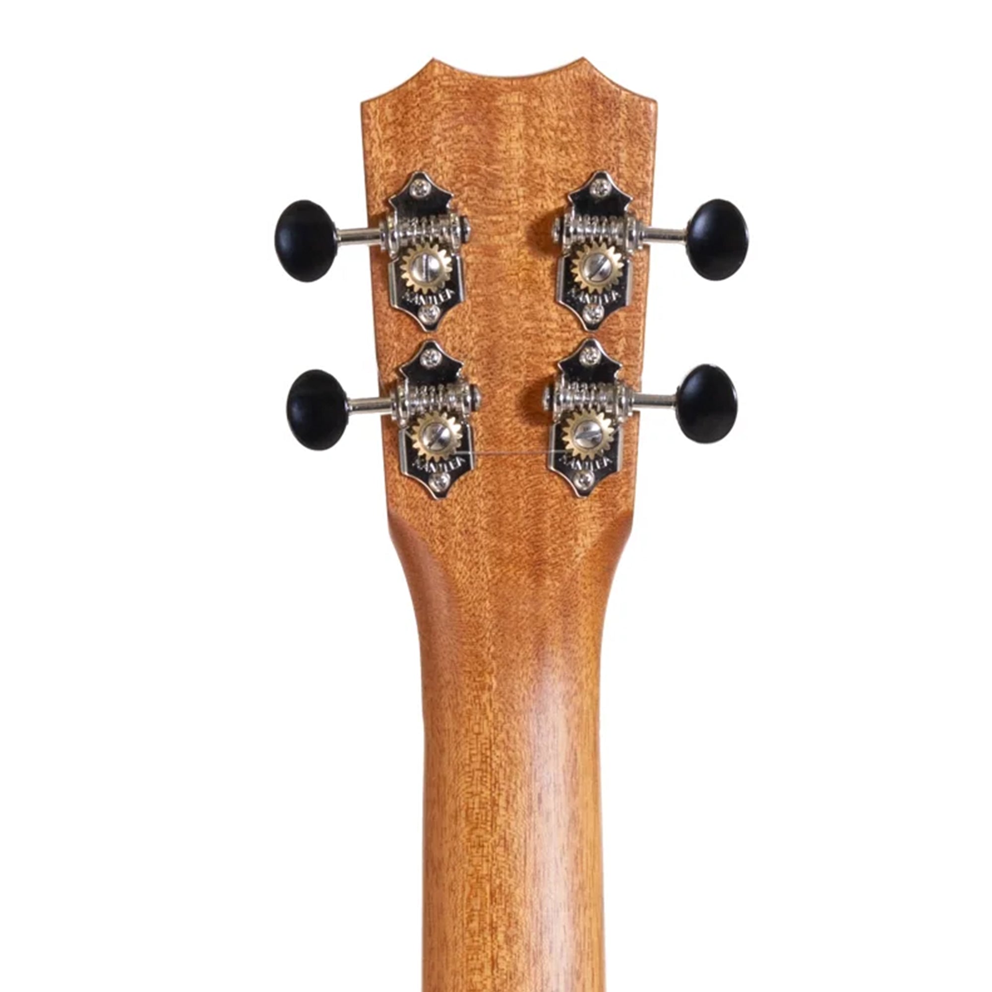 Close-up of a wooden ukulele neck with tuning pegs on a white background