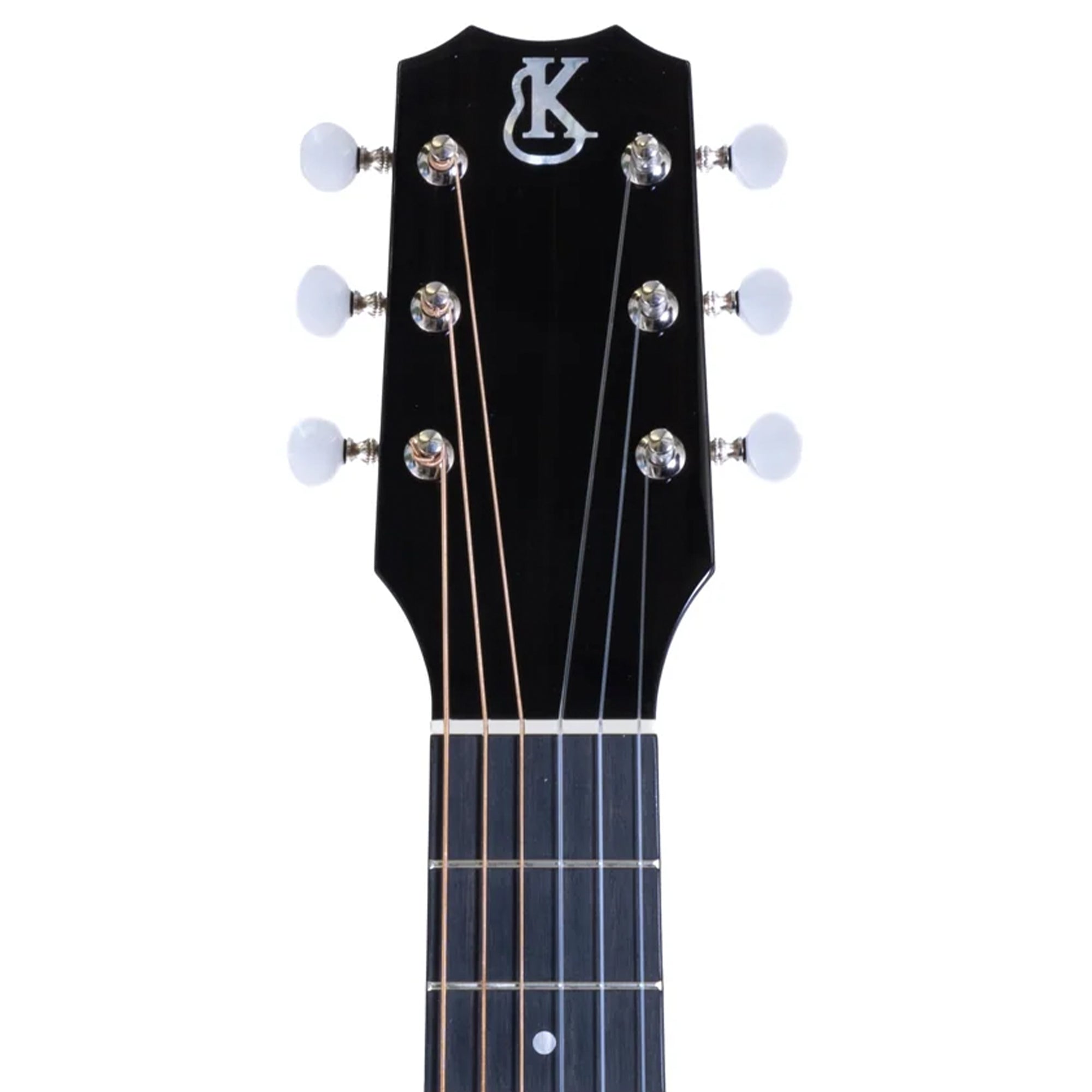Close-up of a uke guitar headstock with a logo on a white background