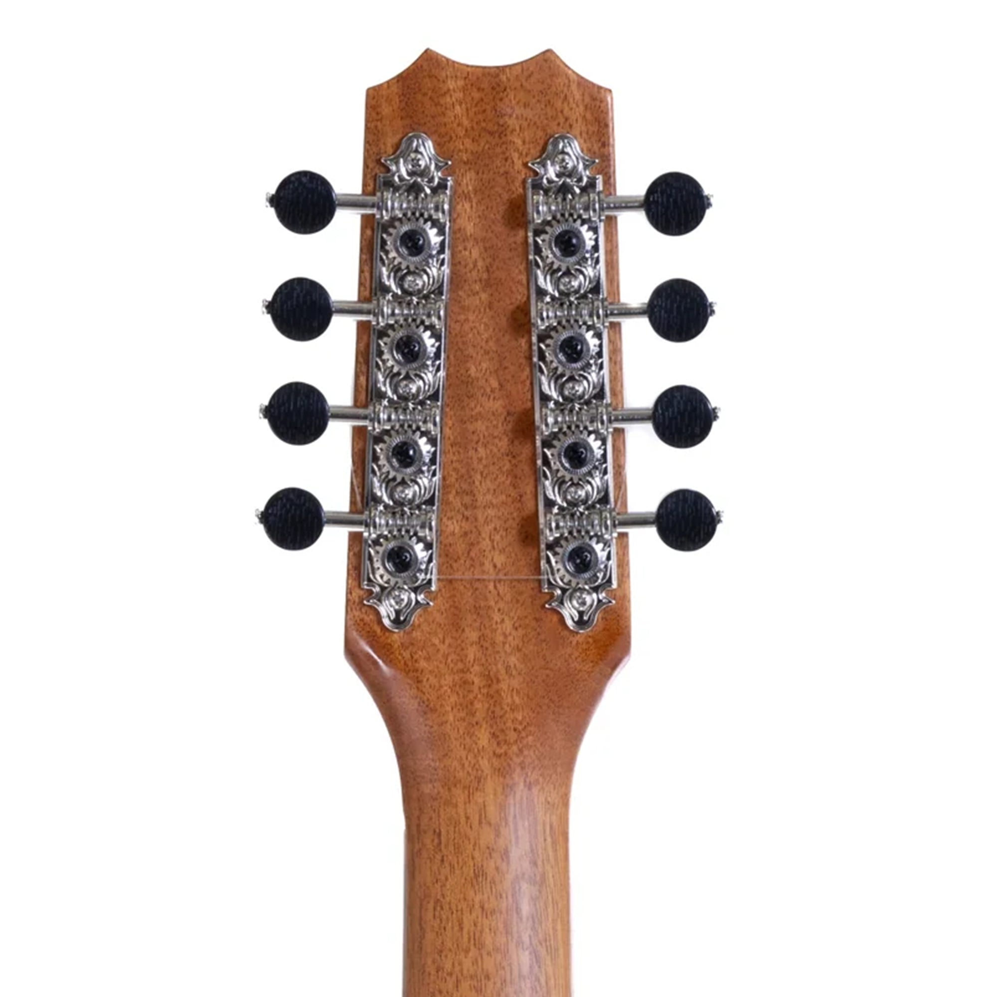 Close-up of a uke headstock with tuning pegs on a white background