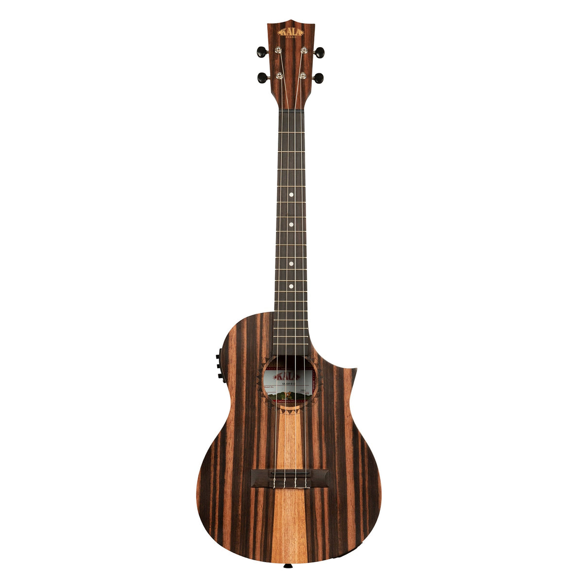 Front of the Kala KA-AM-B-CE baritone ukulele showing the striped Amara tri-top with mahogany center stripe and Florentine cutaway