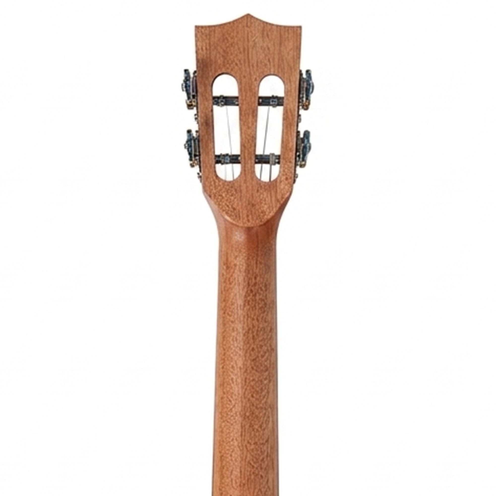 Close-up of the headstock and neck of a wooden ukulele, showing the natural wood grain and four tuning pegs against a plain white background.