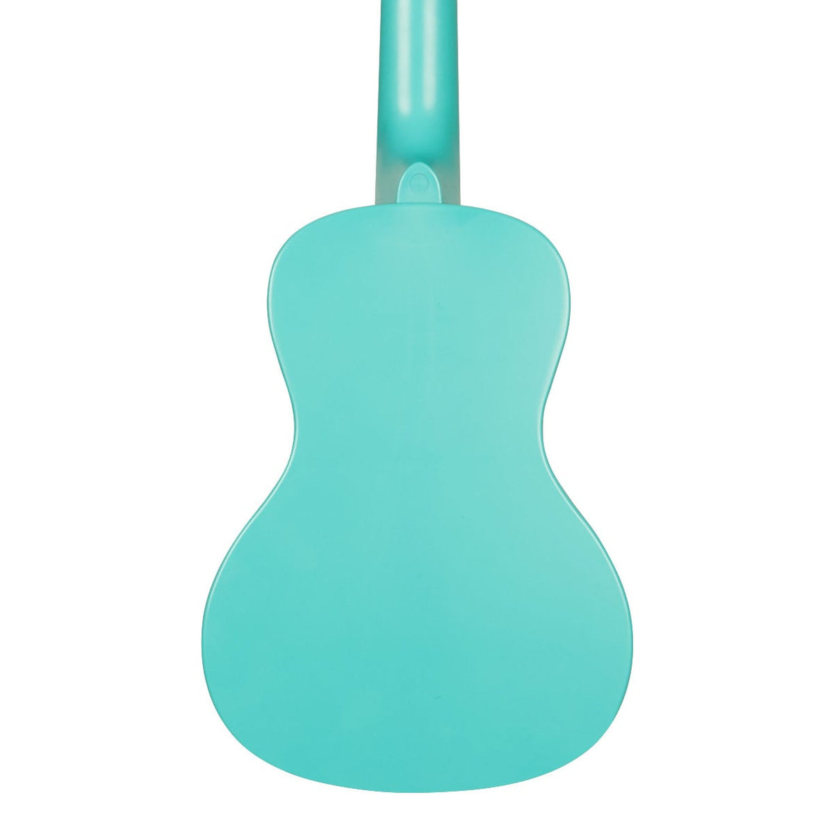 Kala KA-R-WMG-BL-C Aqua Mist Glow-in-the-Dark concert ukulele body, back view showing the one-piece plastic back and the heel of the neck on a white background