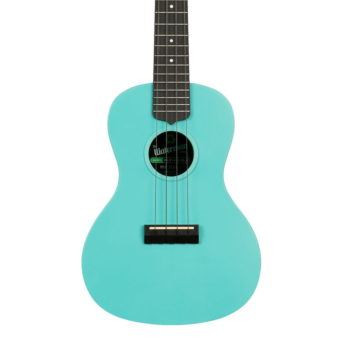 Kala KA-R-WMG-BL-C Aqua Mist Glow-in-the-Dark concert ukulele body, front view showing the soundhole, bridge and lower fingerboard on a white background