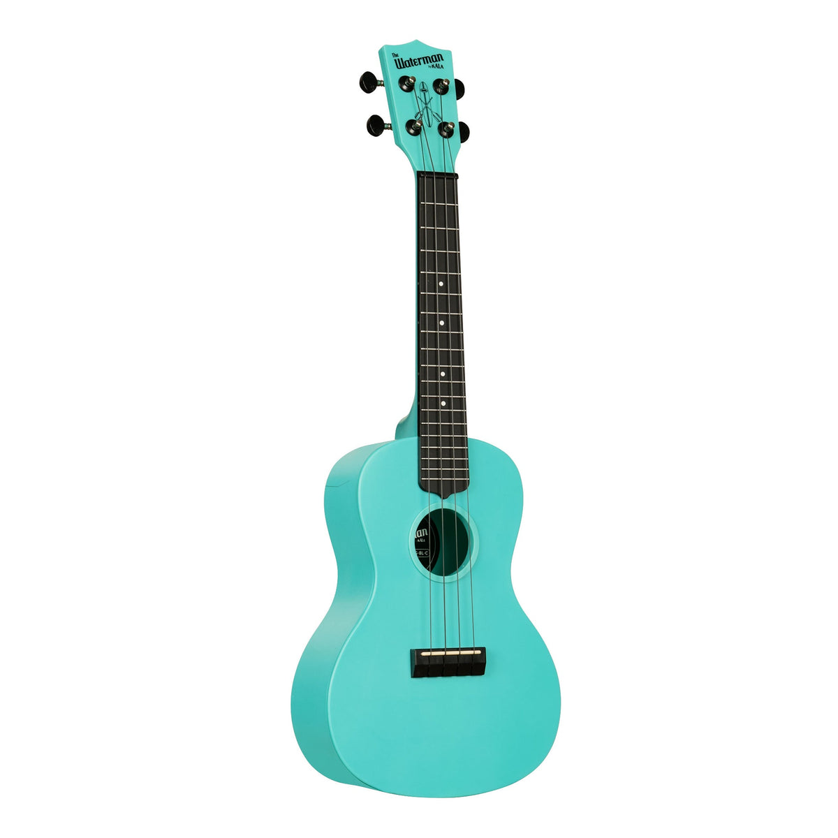 Kala KA-R-WMG-BL-C Aqua Mist Glow-in-the-Dark concert ukulele angled to the right, showing the body edge and Waterman logo headstock