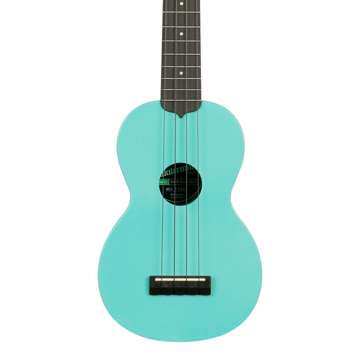 Kala KA-R-WMG-BL-S Aqua Mist Glow-in-the-Dark soprano ukulele body, front view showing the soundhole, bridge and lower fingerboard on a white background