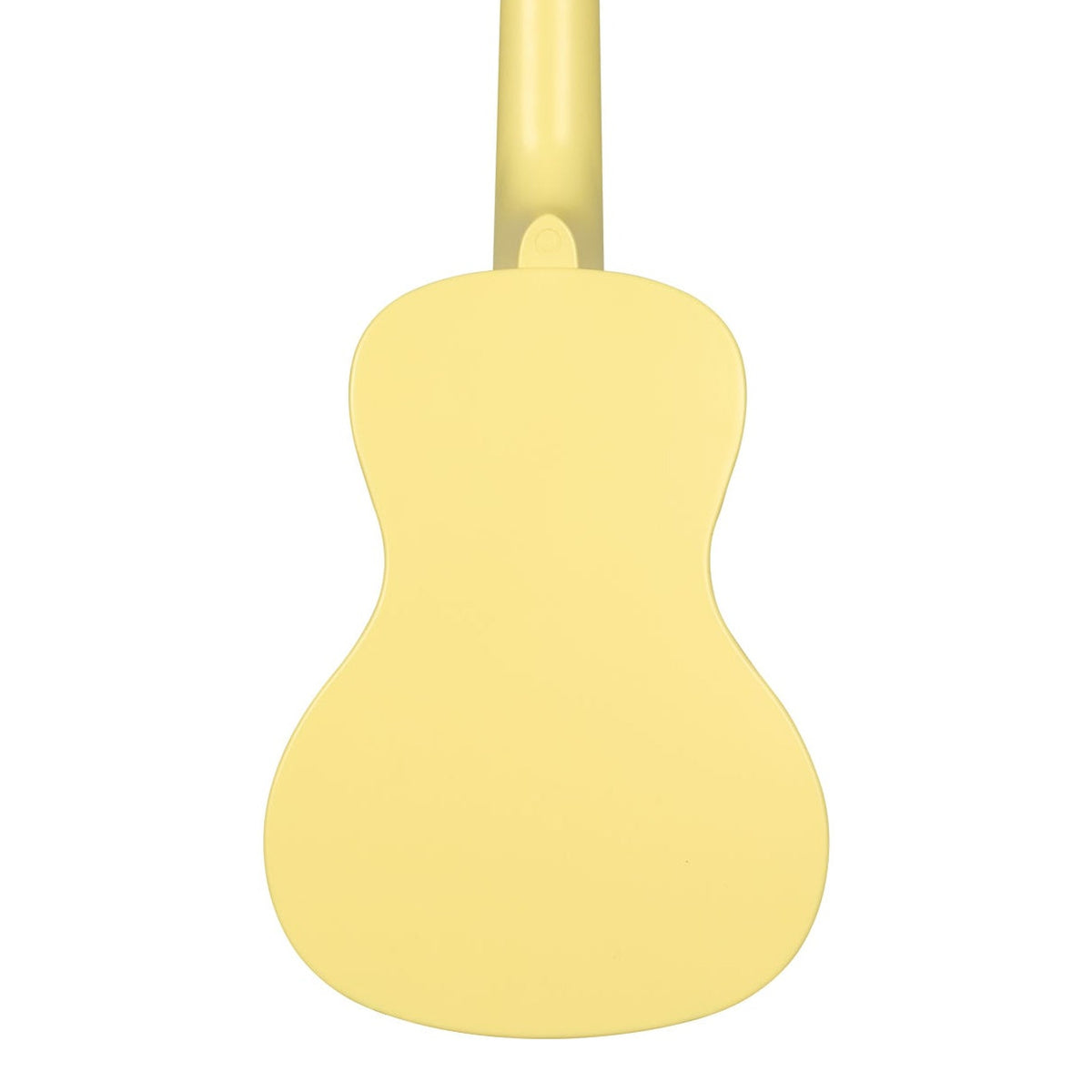 Kala KA-R-WMG-YL-C Starlight Yellow Glow-in-the-Dark concert ukulele body, back view showing the one-piece plastic back and the heel of the neck on a white background
