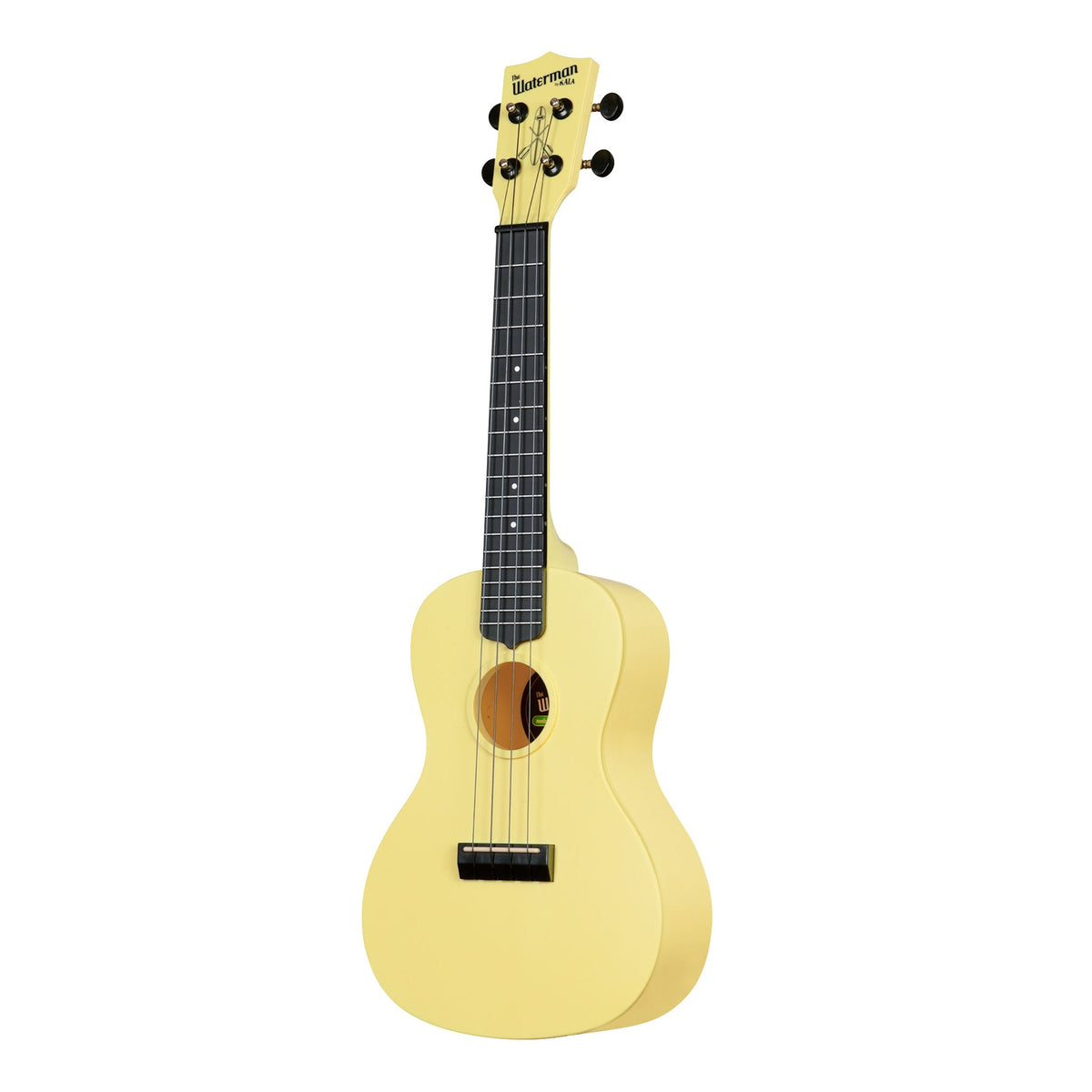 Kala KA-R-WMG-YL-C Starlight Yellow Glow-in-the-Dark concert ukulele angled to the left, showing the soundhole, bridge and fingerboard